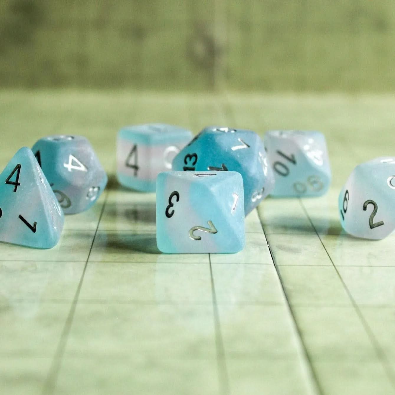 Trans Flag Dice, celebrate diversity and roll with style with these stunning multicoloured transgender polyhedral dice - MysteryDiceGoblins