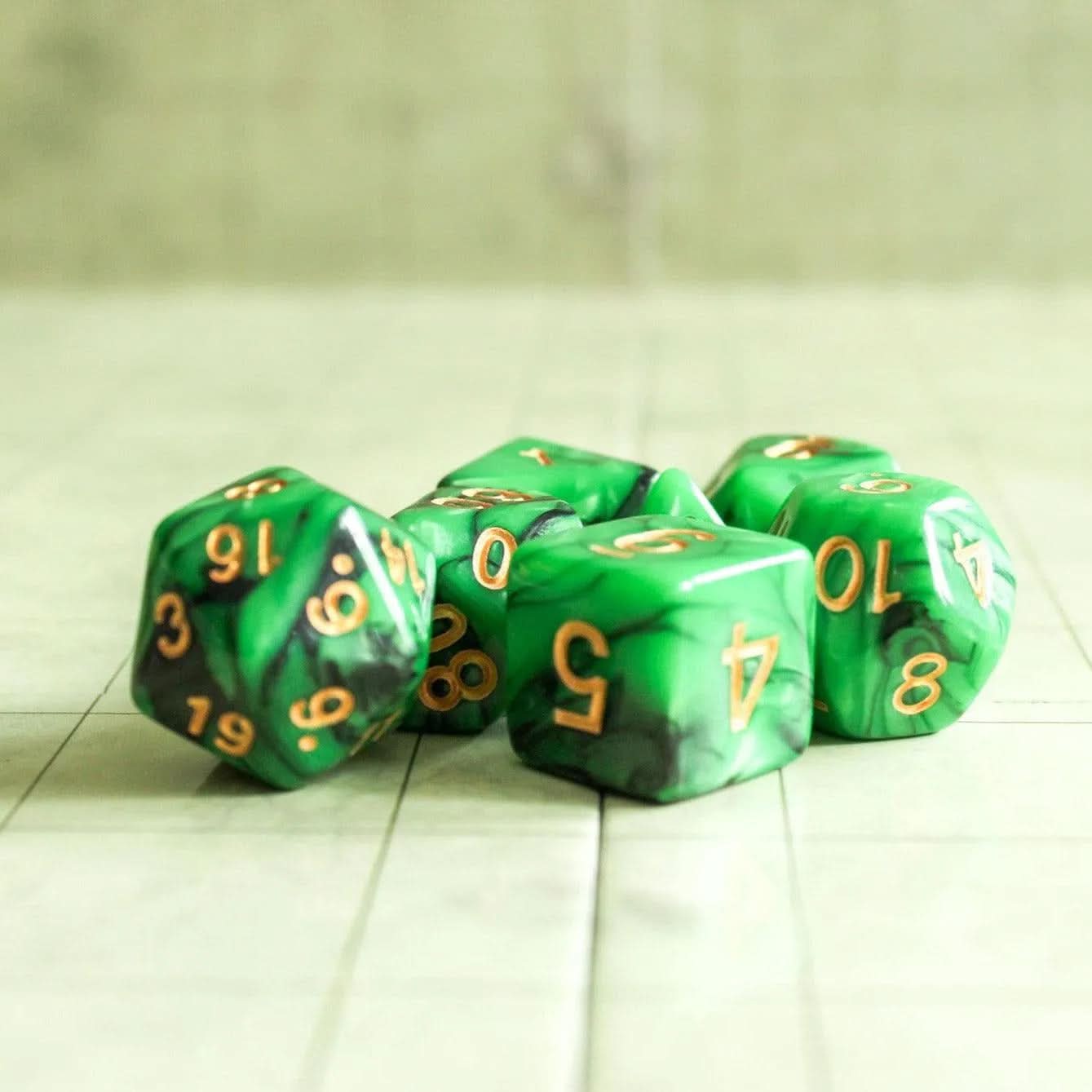 Green Slush TTRPG Dice Set | With gold writing | Green Dice (7) | Polyhedral Dice | Two Tone Black and Green - MysteryDiceGoblins