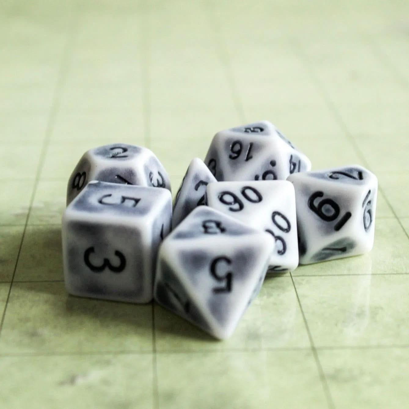 Archaic Gree TTRPG Dice Set | Grey Dice (7) | Polyhedral Dice Black and White Old Fashioned Vintage Dice - MysteryDiceGoblins