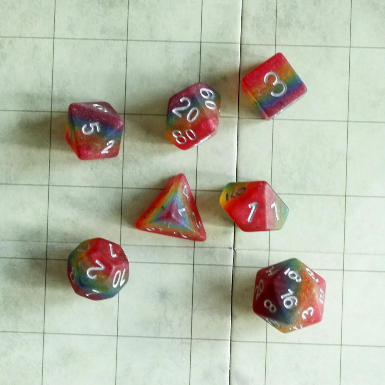 Pride Flag Dice, celebrate diversity and roll with style with these stunning multicoloured Pride LGBTQ+ polyhedral dice - MysteryDiceGoblins