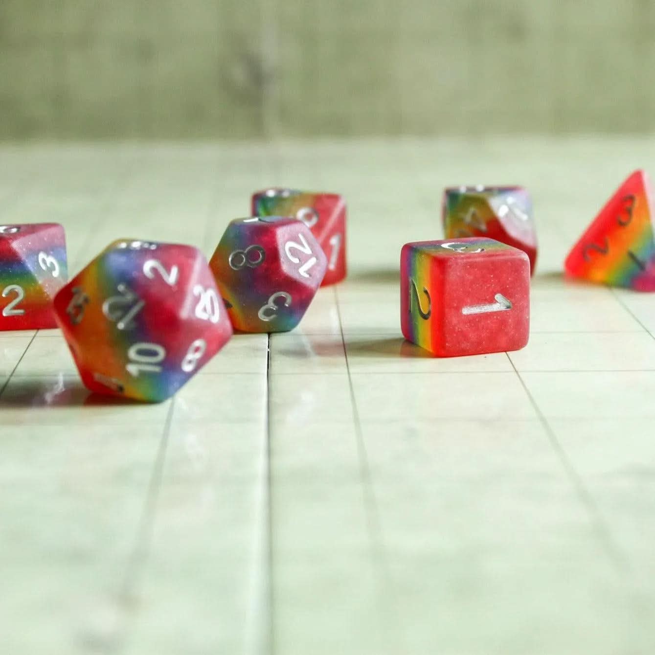 Pride Flag Dice, celebrate diversity and roll with style with these stunning multicoloured Pride LGBTQ+ polyhedral dice - MysteryDiceGoblins
