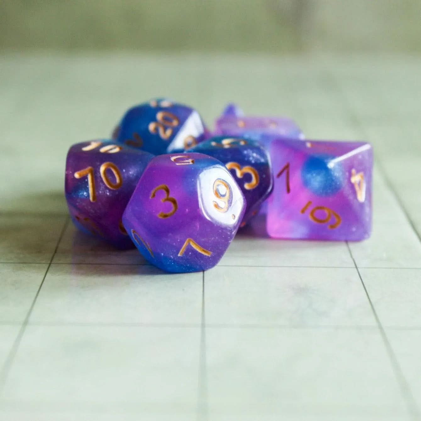 Mermaid Dice Set | for TTRPG | (7) | Polyhedral Dice Blue and Pink Misty Glitter Sparkle Dice with Gold Writing - MysteryDiceGoblins