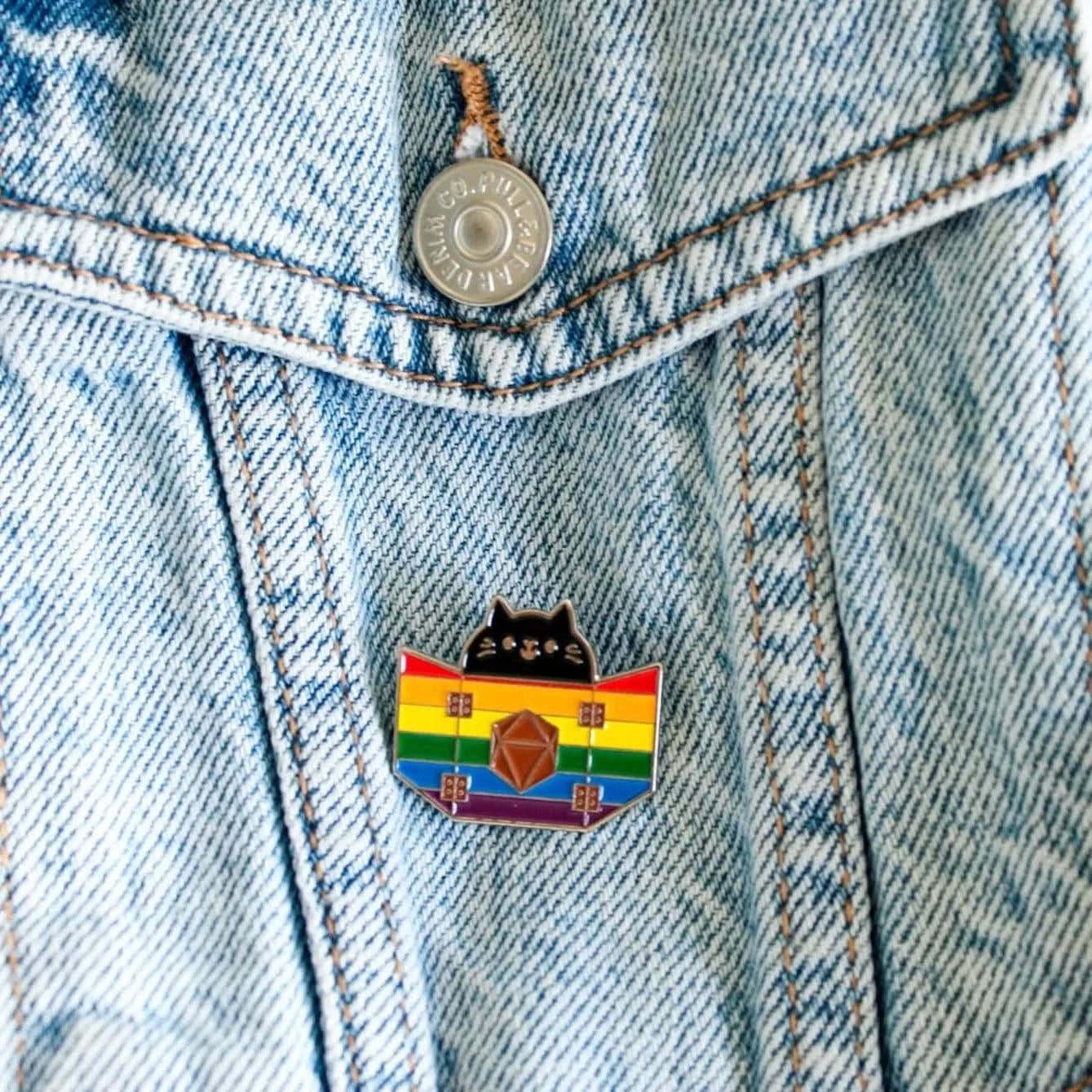 TTRPG Gift Rainbow Pride Dungeon Meowster Cat Badge Enamel Pin Broach LGBTQ - MysteryDiceGoblins