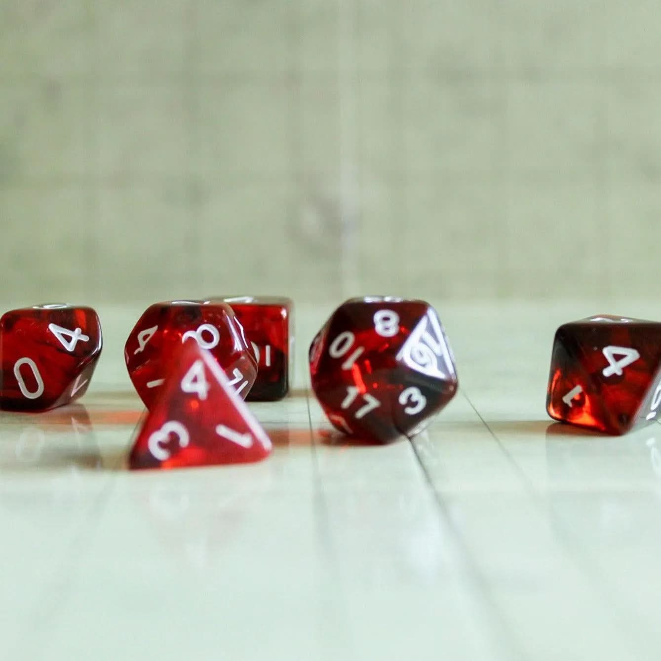 Red Smoke TTRPG Dice Set| Red Dice (7) | Polyhedral Dice | Transparent Dice See Through Dice | Black Smoke Two Tone - MysteryDiceGoblins
