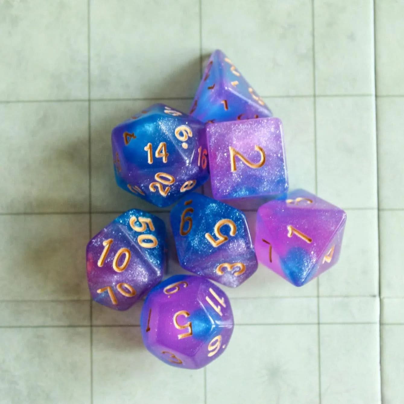 Mermaid Dice Set | for TTRPG | (7) | Polyhedral Dice Blue and Pink Misty Glitter Sparkle Dice with Gold Writing - MysteryDiceGoblins