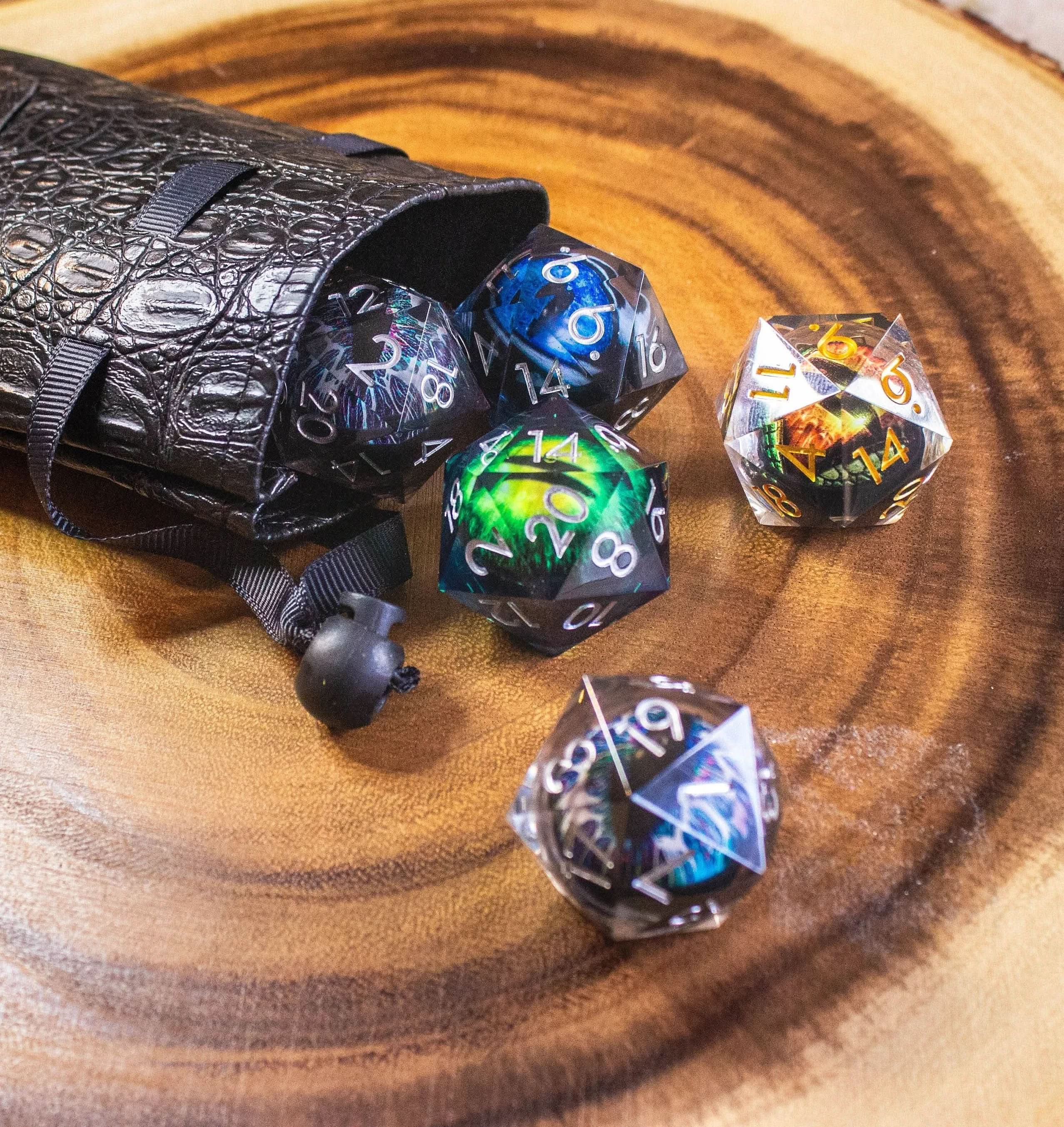 Liquid Core Eye of the Dragon - Moving Eye Giant Chunky D20 - Mystery Bag D20 - PU Leather Dice Bag Included - TTRPG Gift - MysteryDiceGoblins
