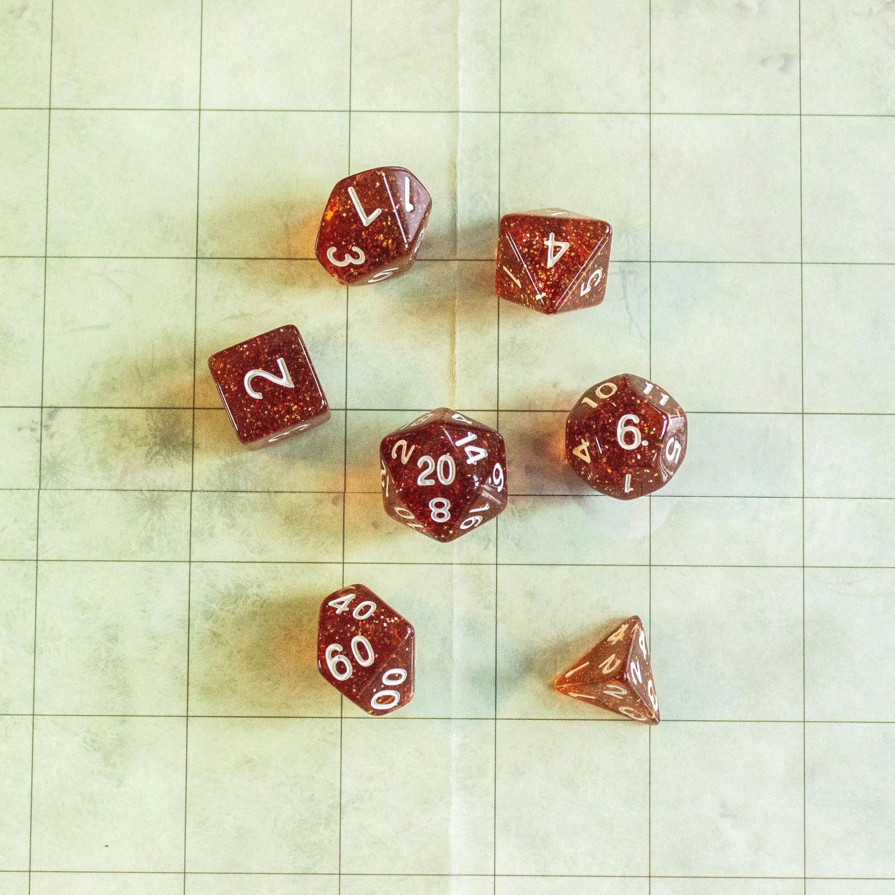 Amber Shimmer Dice Set | Brown Dice for TTRPG | White and Gold Dice (7) | Polyhedral White Dice | White Numbers - MysteryDiceGoblins