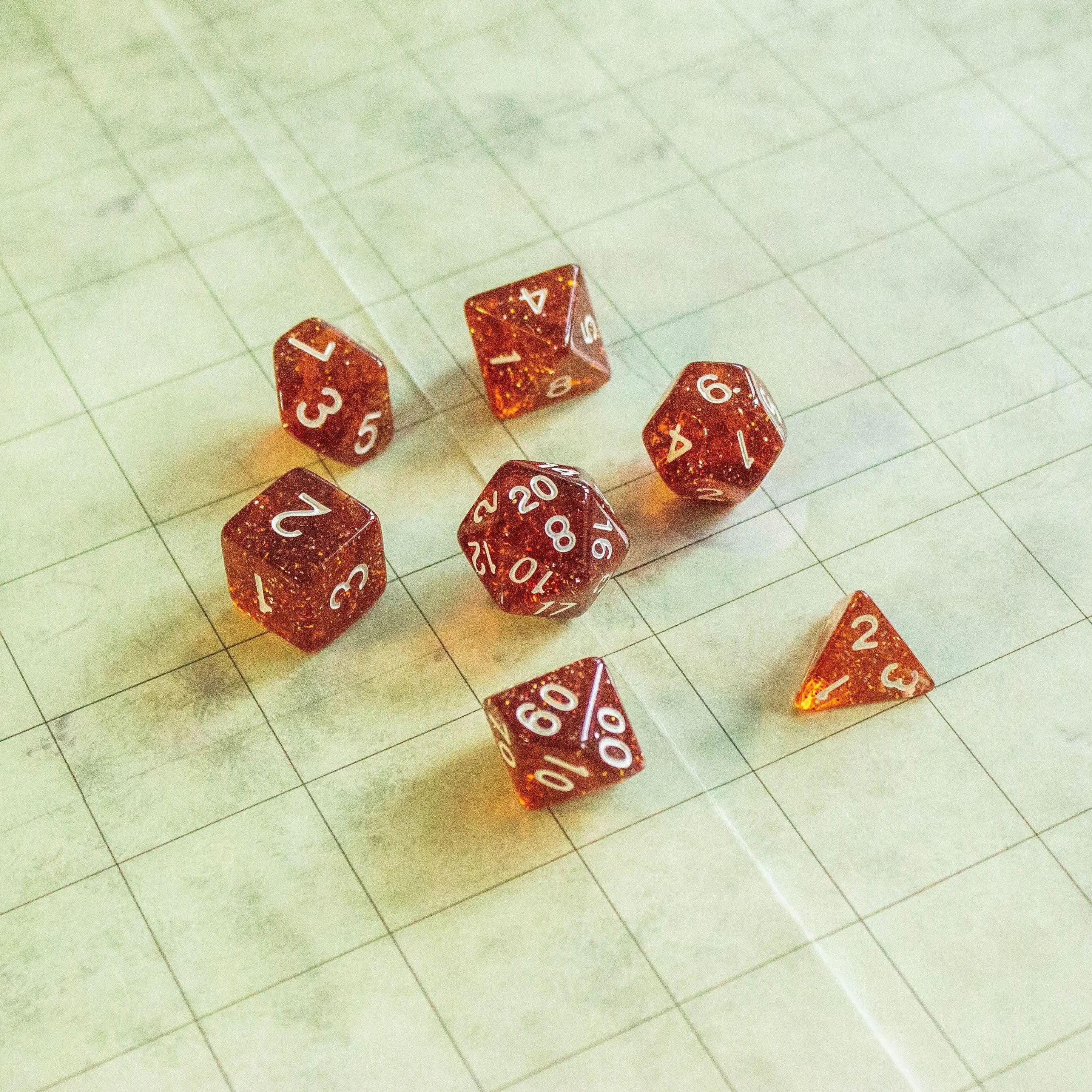 Amber Shimmer Dice Set | Brown Dice for TTRPG | White and Gold Dice (7) | Polyhedral White Dice | White Numbers - MysteryDiceGoblins