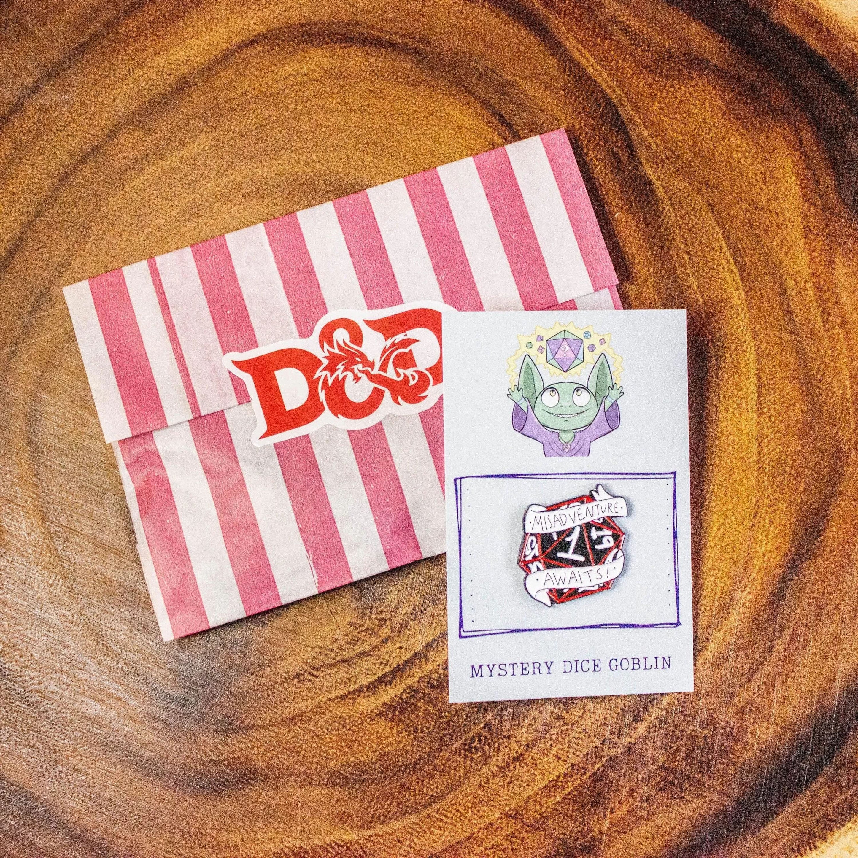 TTRPG Gift Misadventure Awaits Badge Enamel Pin Broach TTRPG Pin Black Red and White - MysteryDiceGoblins
