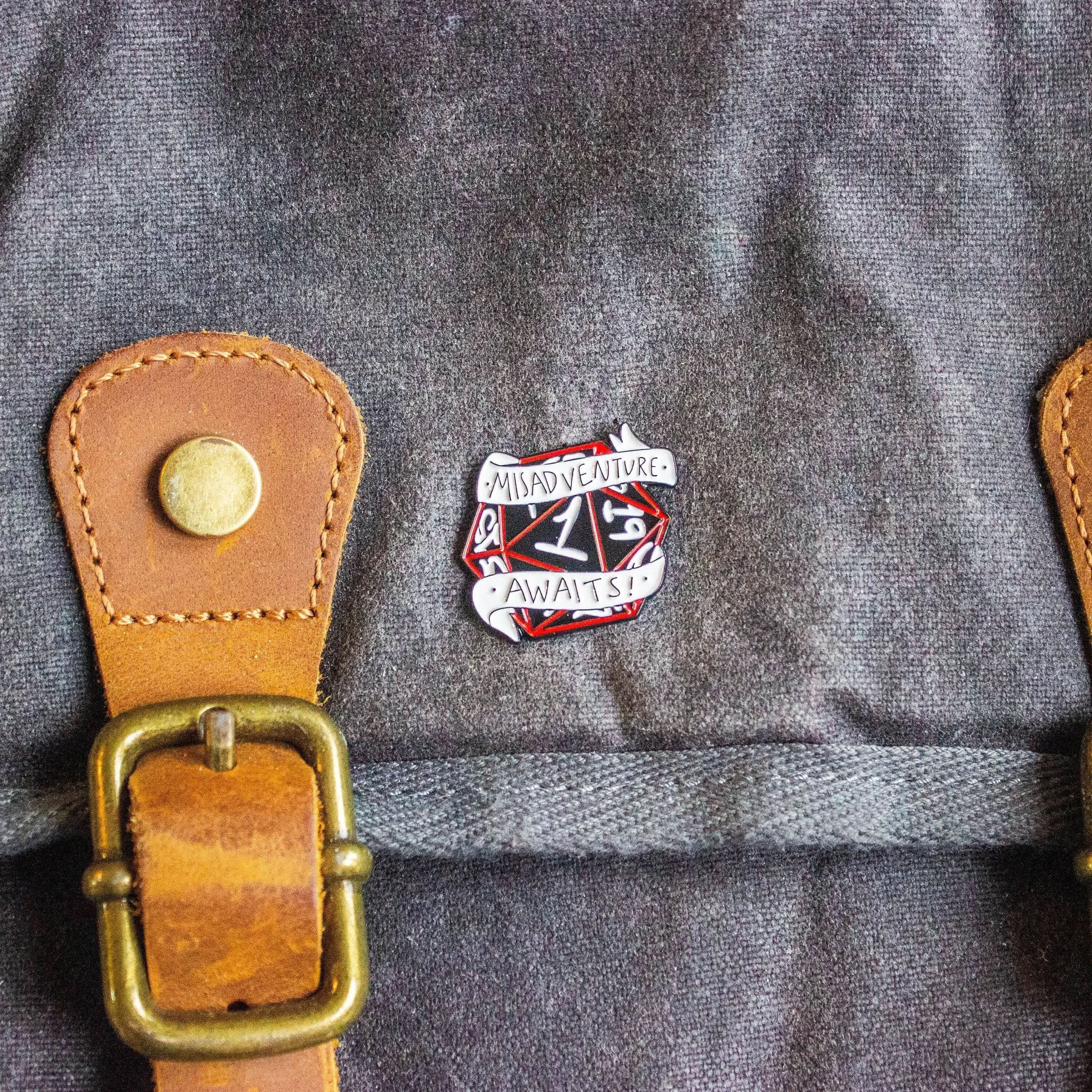 TTRPG Gift Misadventure Awaits Badge Enamel Pin Broach TTRPG Pin Black Red and White - MysteryDiceGoblins