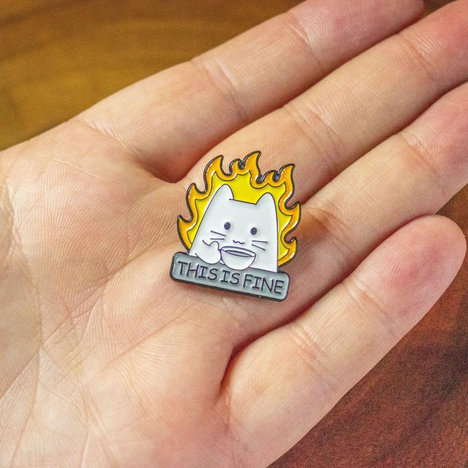 TTRPG Gift This Is Fine White Cat Flames Badge Enamel Pin Broach - MysteryDiceGoblins