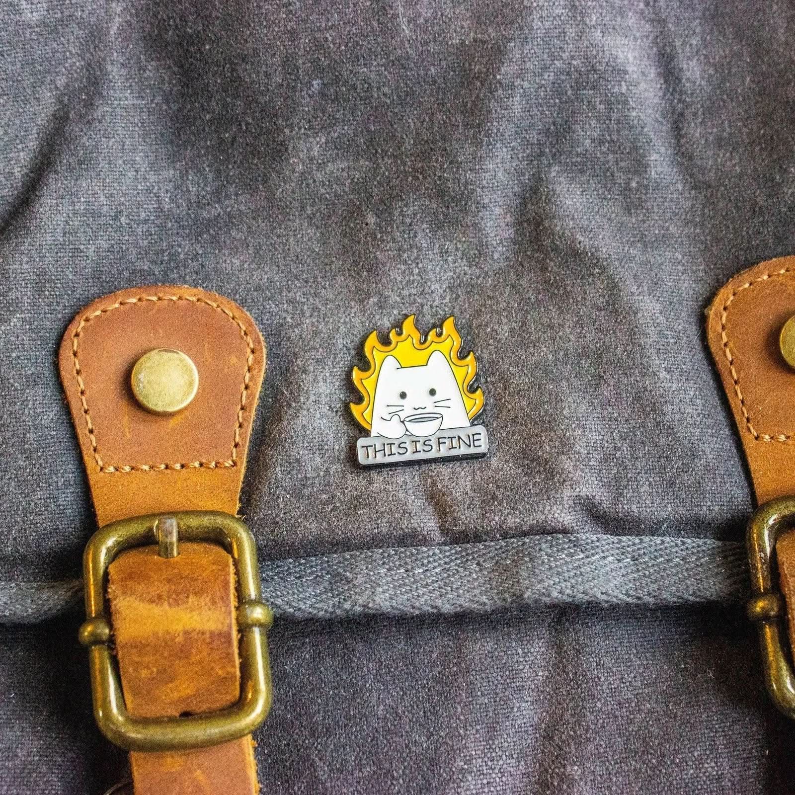 TTRPG Gift This Is Fine White Cat Flames Badge Enamel Pin Broach - MysteryDiceGoblins