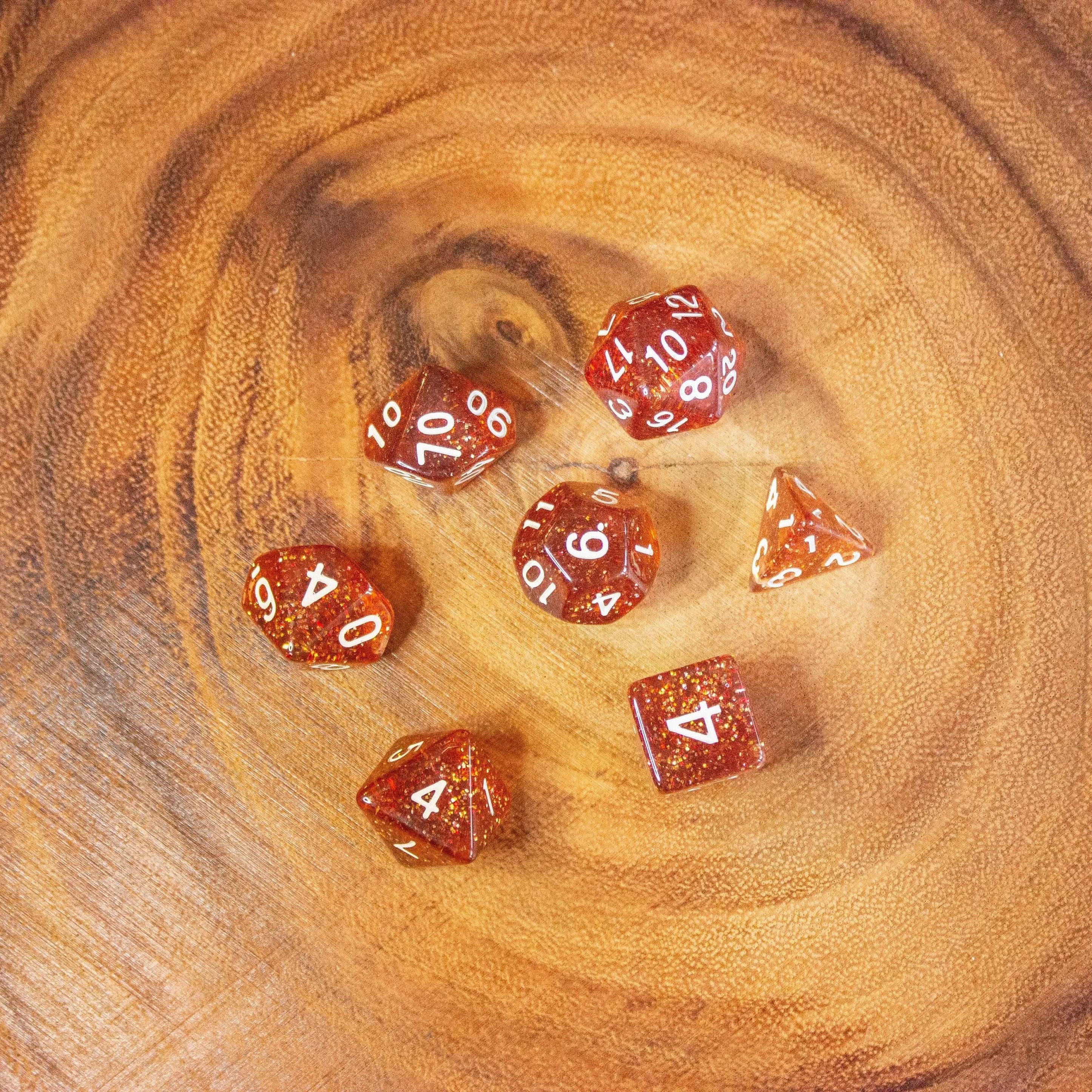 Amber Shimmer Dice Set | Brown Dice for TTRPG | White and Gold Dice (7) | Polyhedral White Dice | White Numbers - MysteryDiceGoblins