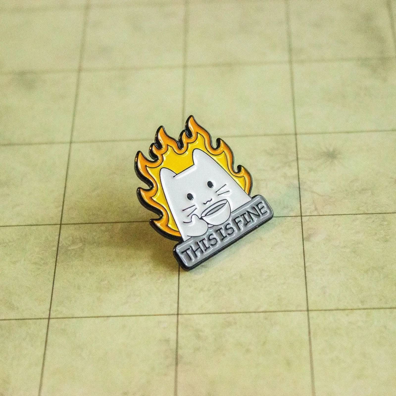 This Is Fine White Cat Pin