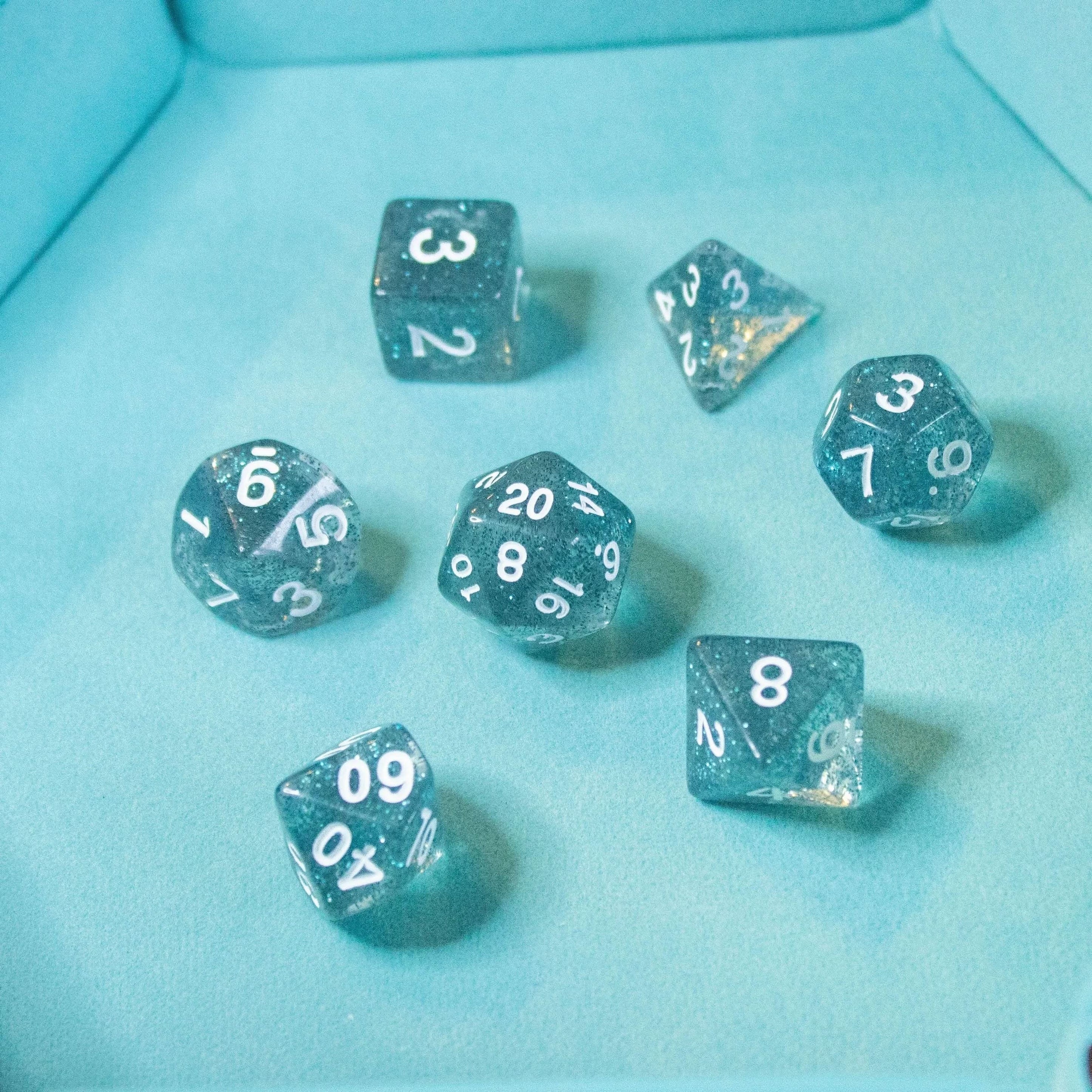 Blue Shimmer Dice With Gold Numbers TTRPG Dice, roll with sophistication with these Blue polyhedral dice - MysteryDiceGoblins