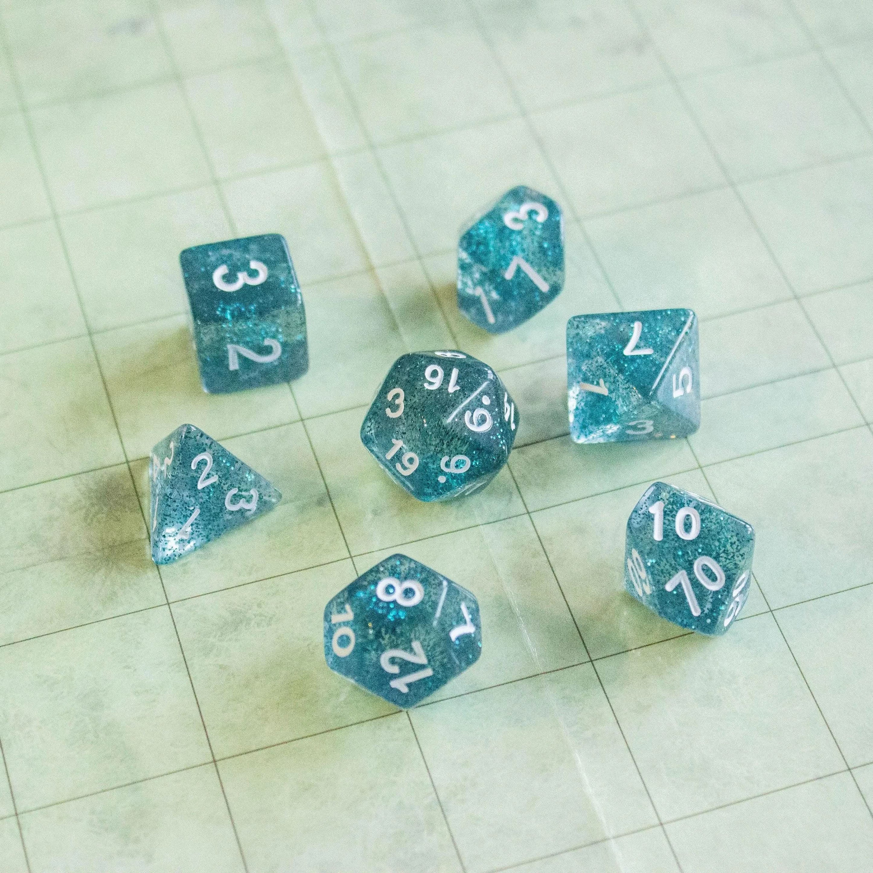 Blue Shimmer Dice With Gold Numbers TTRPG Dice, roll with sophistication with these Blue polyhedral dice - MysteryDiceGoblins