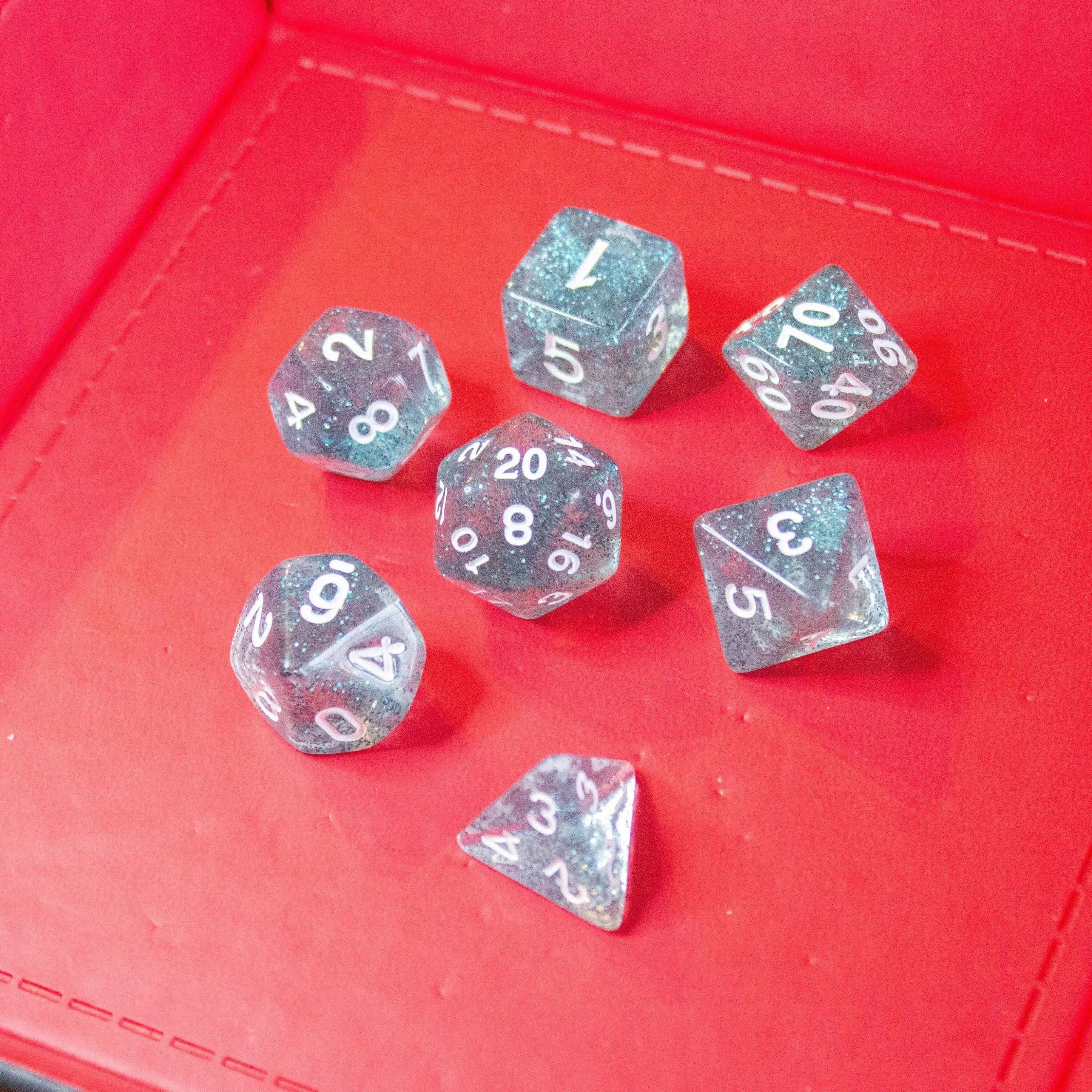 Blue Shimmer Dice With Gold Numbers TTRPG Dice, roll with sophistication with these Blue polyhedral dice - MysteryDiceGoblins