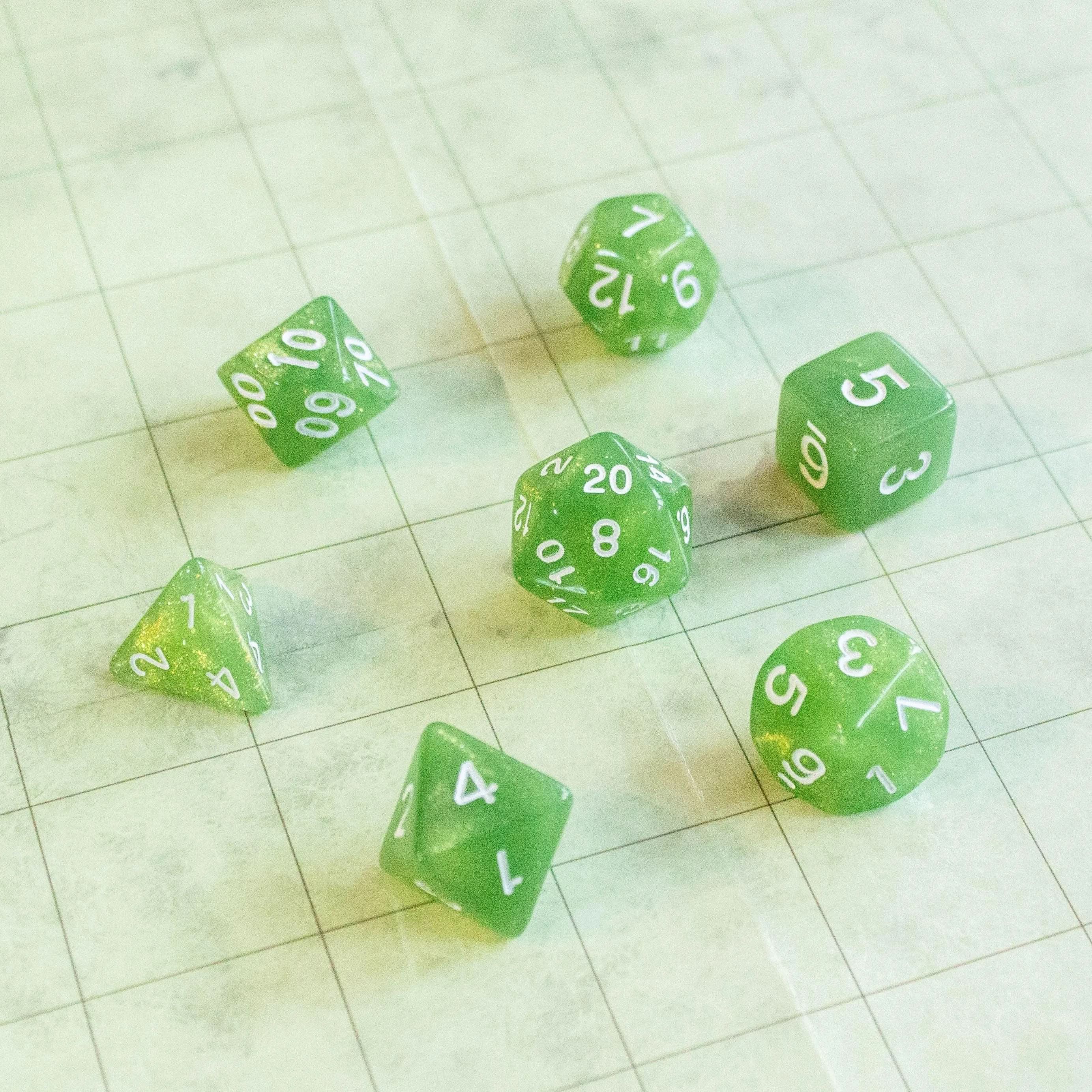 Green Shimmer Dice With White Numbers TTRPG Dice, roll with sophistication with these green polyhedral dice - MysteryDiceGoblins