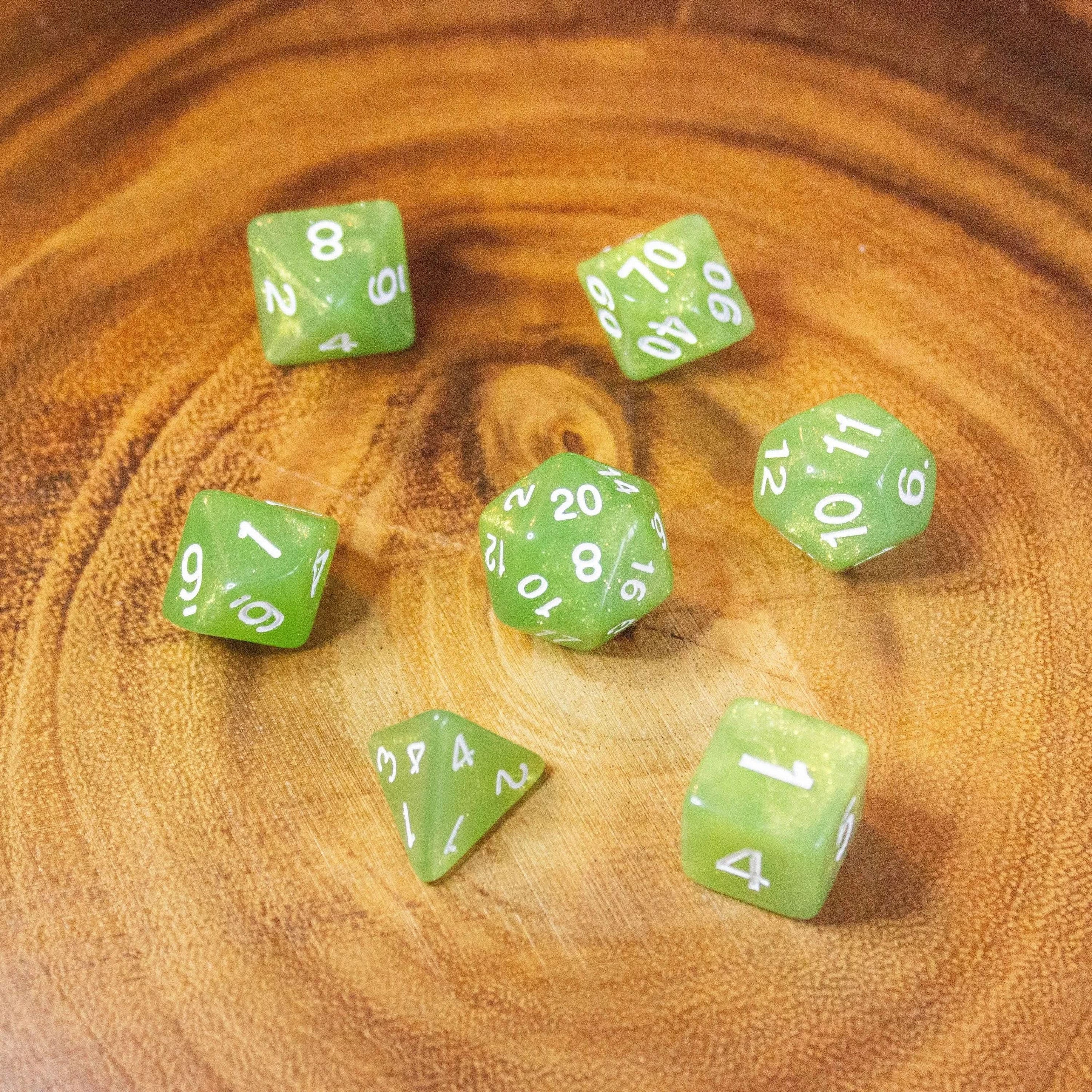 Green Shimmer Dice With White Numbers TTRPG Dice, roll with sophistication with these green polyhedral dice - MysteryDiceGoblins