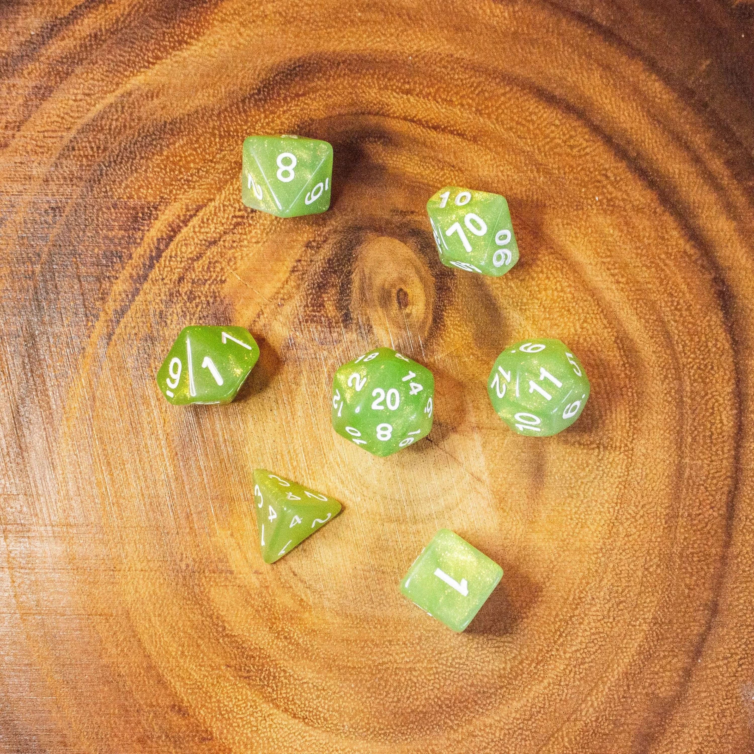 Green Shimmer Dice With White Numbers TTRPG Dice, roll with sophistication with these green polyhedral dice - MysteryDiceGoblins