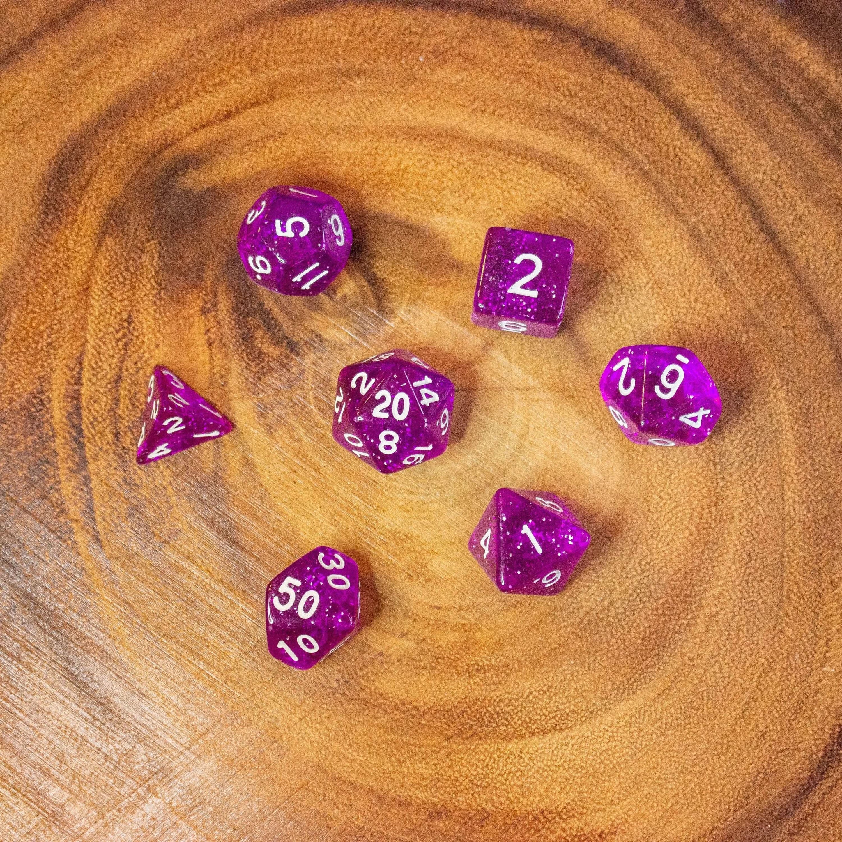 Deep Purple Shimmer Dice With White Numbers TTRPG Dice, roll with sophistication with these purple polyhedral dice - MysteryDiceGoblins