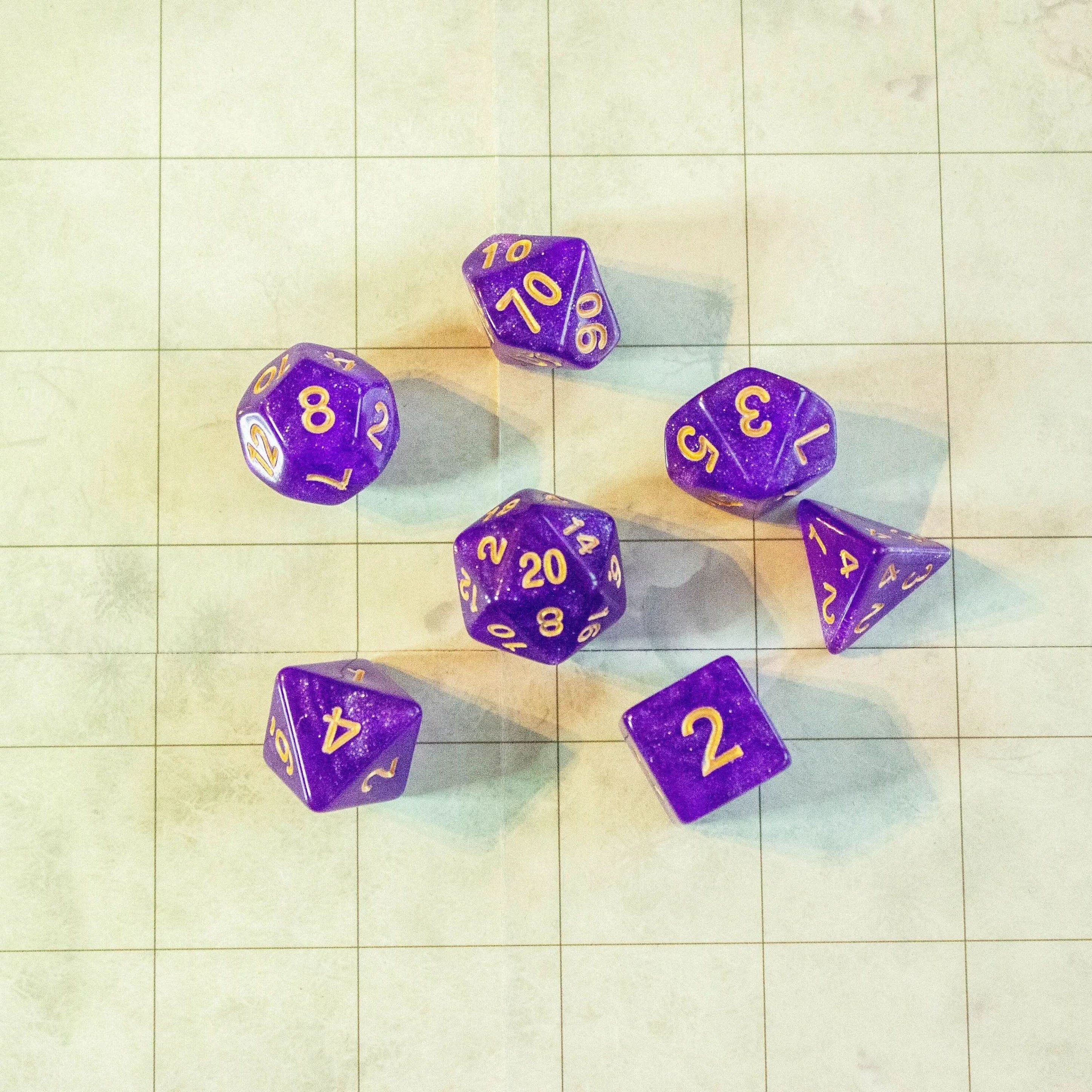 Purple Shimmer Dice With Gold Numbers TTRPG Dice, roll with sophistication with these Purple polyhedral dice - MysteryDiceGoblins