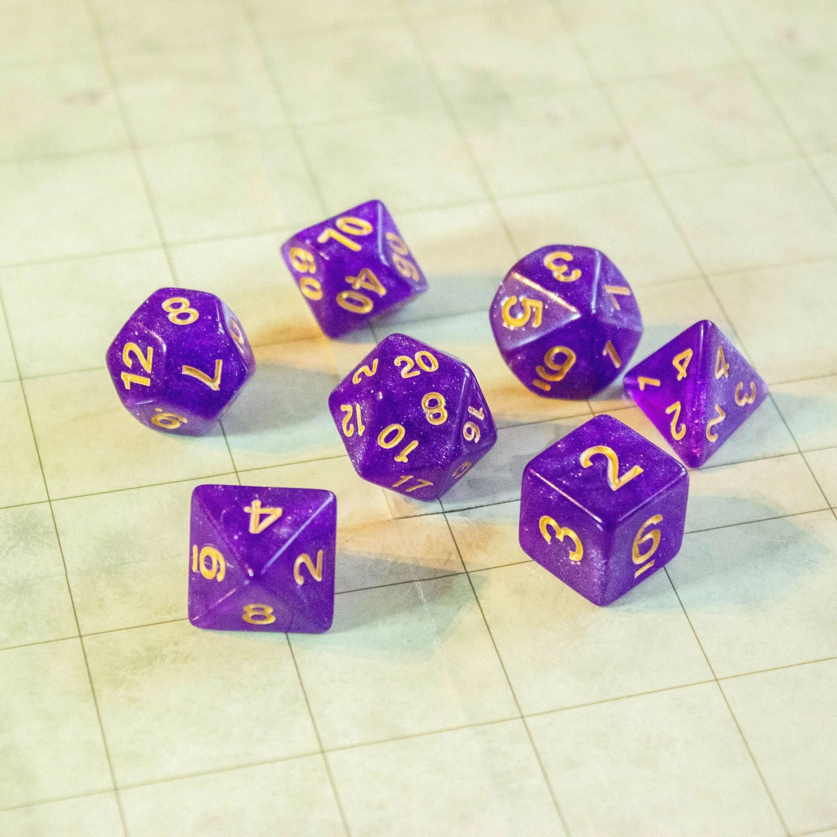 Purple Shimmer Dice With Gold Numbers TTRPG Dice, roll with sophistication with these Purple polyhedral dice - MysteryDiceGoblins