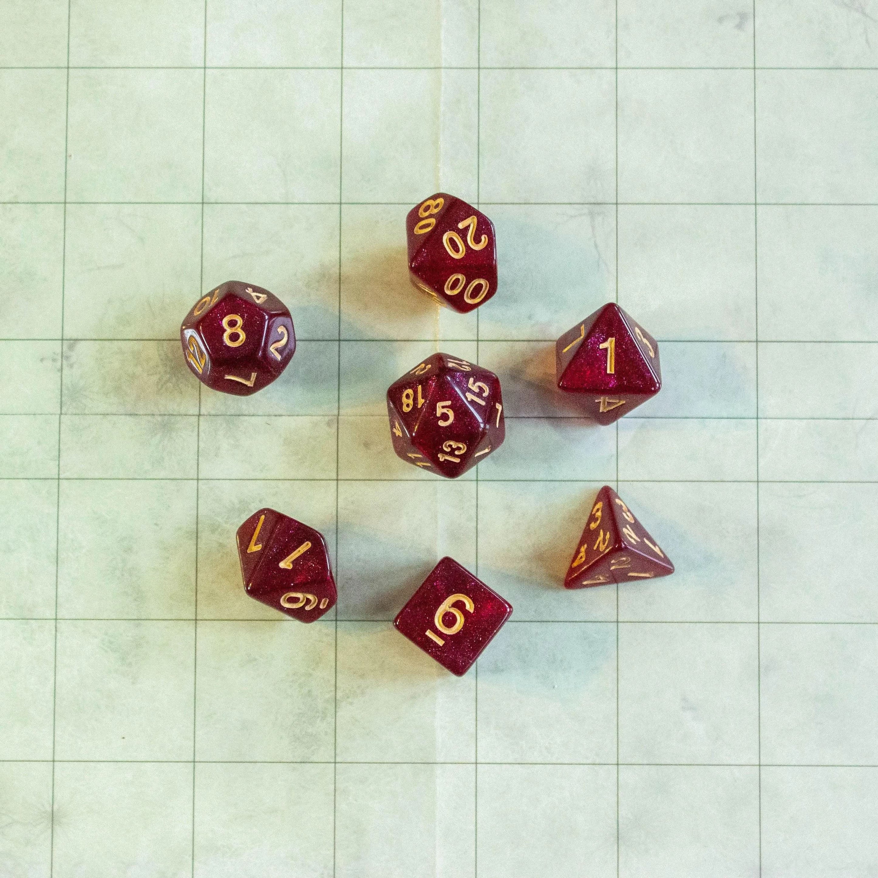 Red Shimmer Dice With White Numbers TTRPG Dice, roll with sophistication with these red polyhedral dice - MysteryDiceGoblins