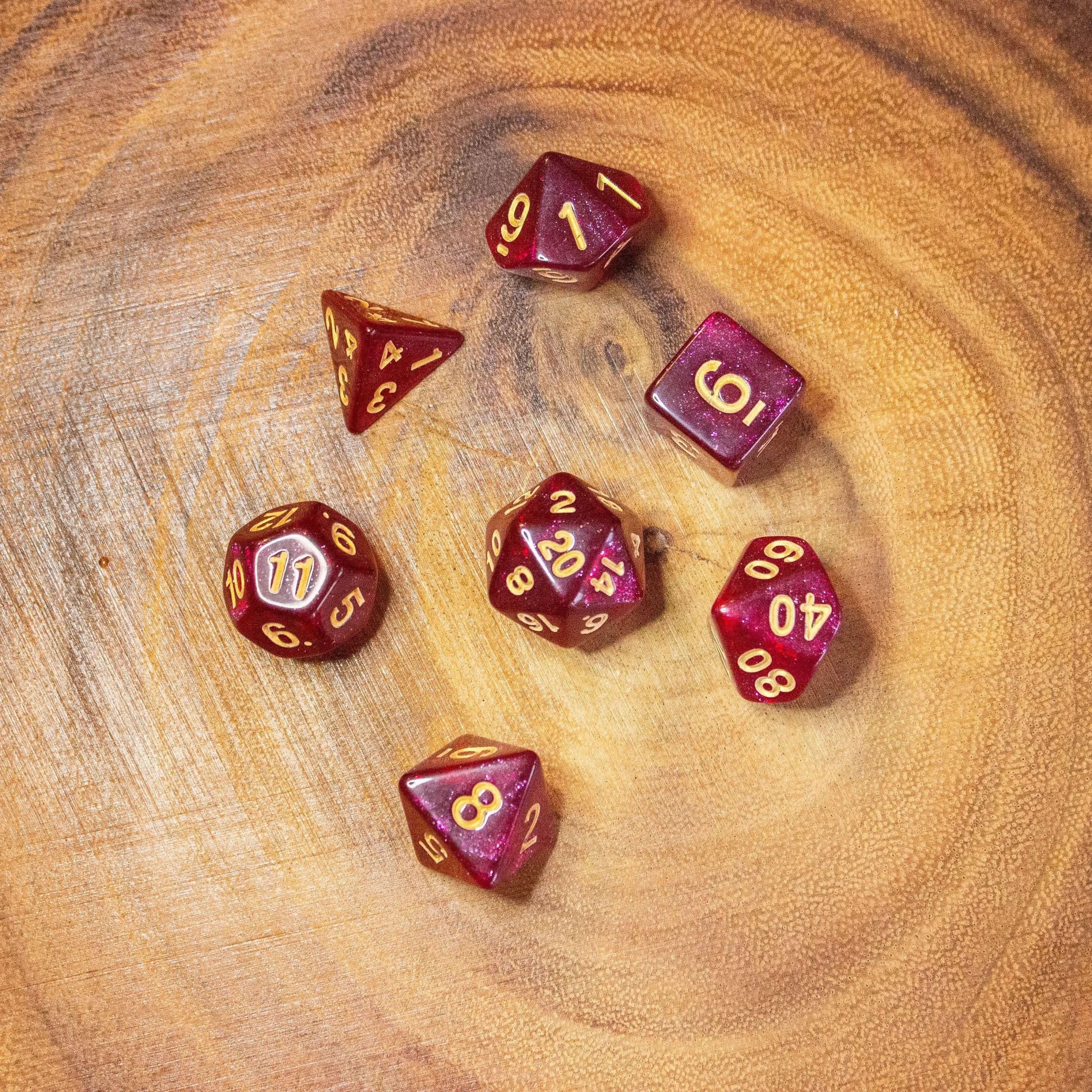 Red Shimmer Dice With White Numbers TTRPG Dice, roll with sophistication with these red polyhedral dice - MysteryDiceGoblins