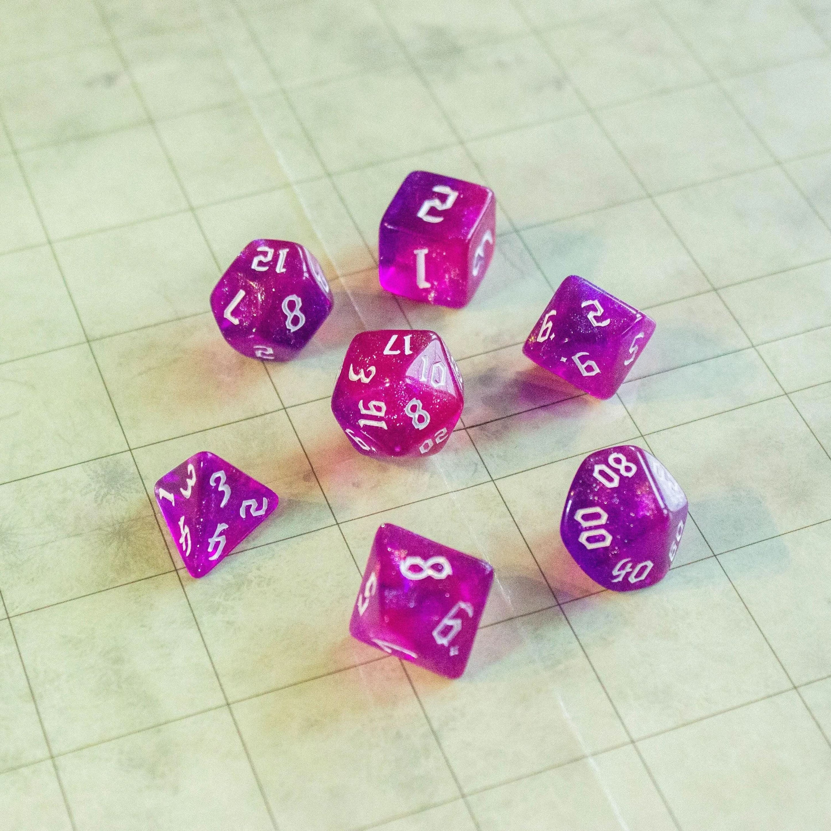 Two-Tone Pink Purple Glitter Dice With White Numbers TTRPG Dice, roll with sophistication with these purple polyhedral dice - MysteryDiceGoblins