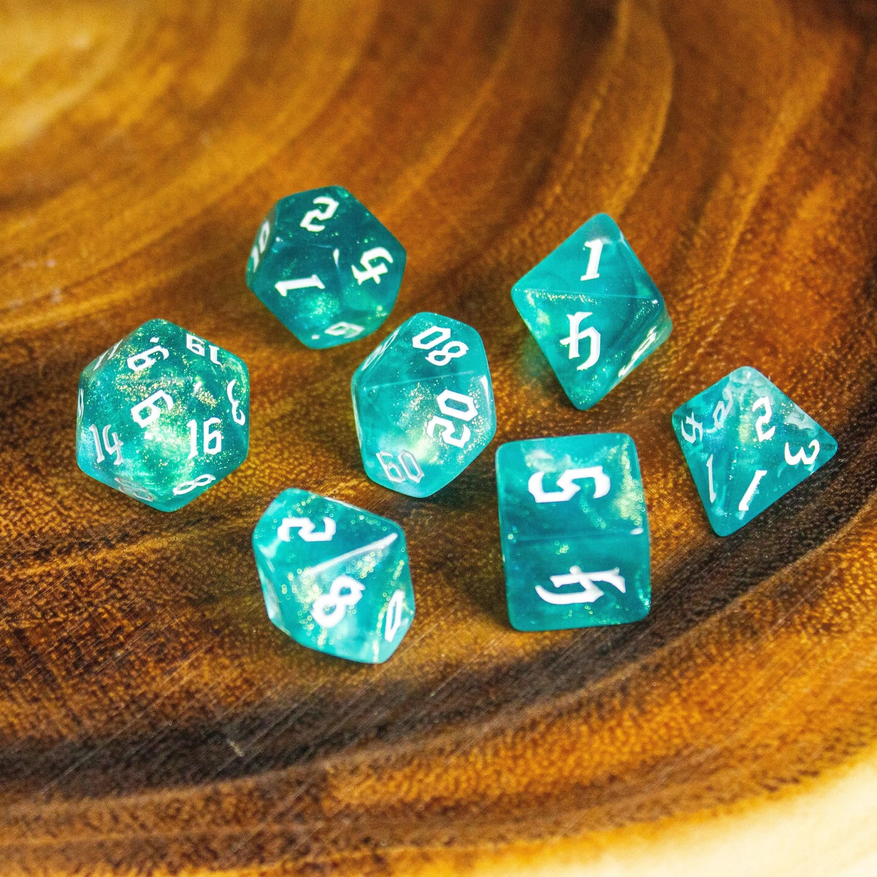 Aqua Fog TTRPG Dice. Channel the ethereal with these captivating, easy to read premium dice. Give your game a bit of sparkle. - MysteryDiceGoblins