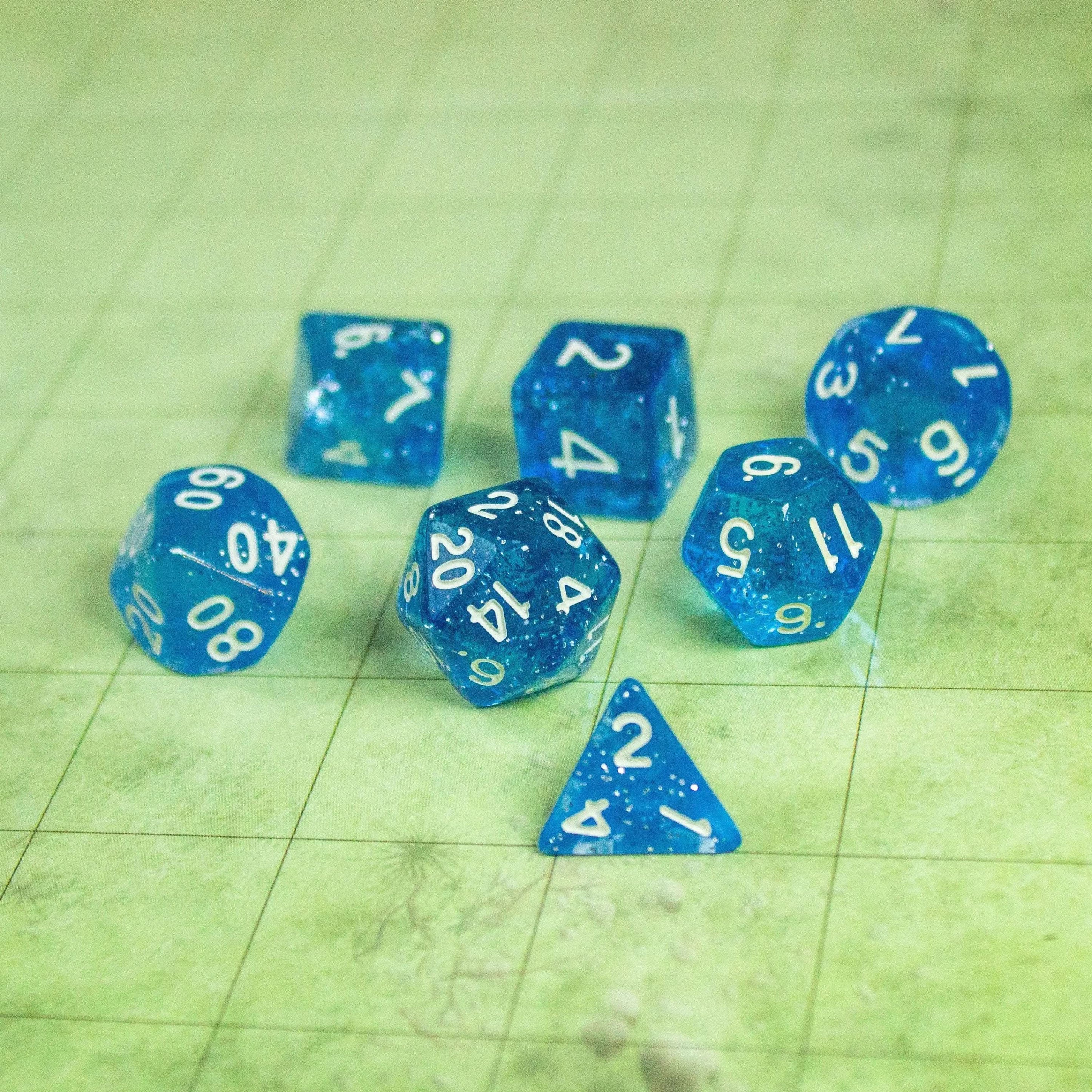 Royal Blue Shimmer Dice With Gold Nunbers TTRPG Dice, roll with sophistication with these blue polyhedral dice - MysteryDiceGoblins
