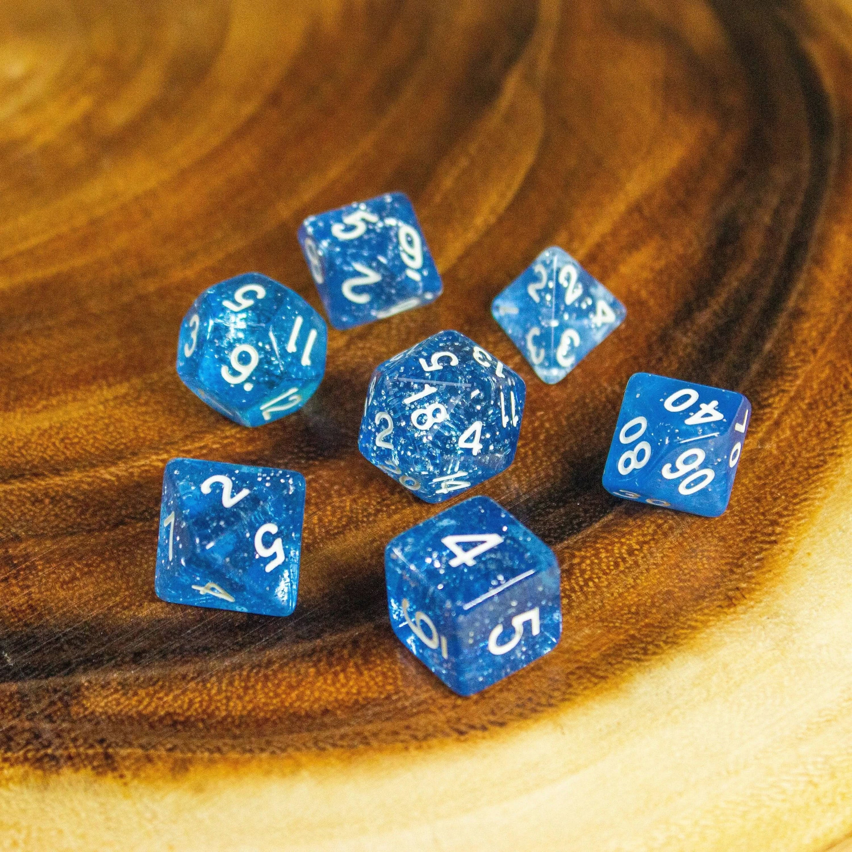 Royal Blue Shimmer Dice With Gold Nunbers TTRPG Dice, roll with sophistication with these blue polyhedral dice - MysteryDiceGoblins