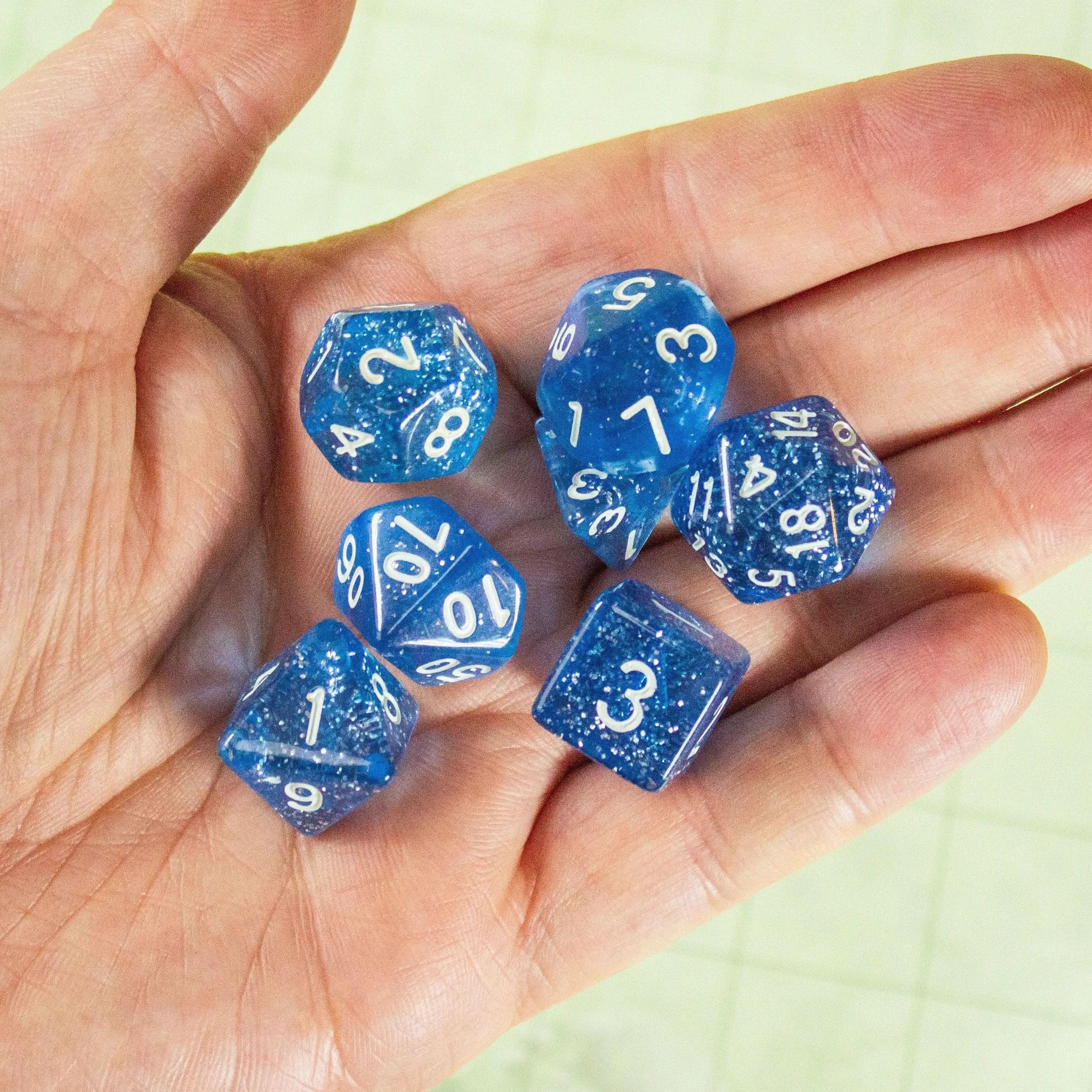 Royal Blue Shimmer Dice With Gold Nunbers TTRPG Dice, roll with sophistication with these blue polyhedral dice - MysteryDiceGoblins