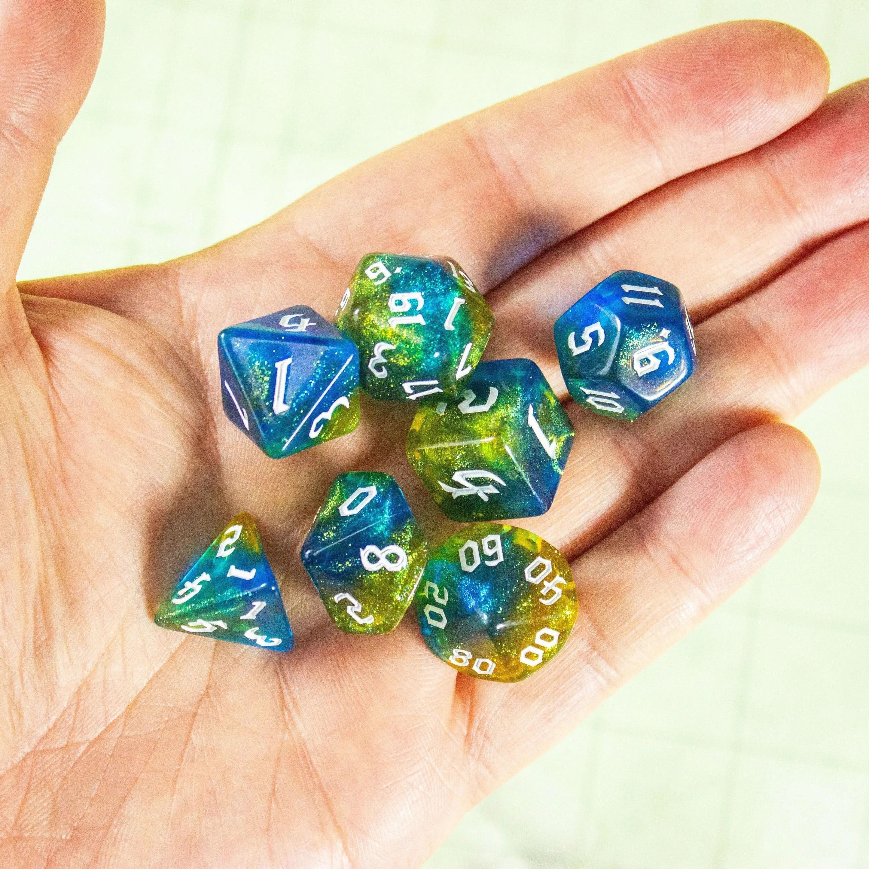 Blue and Yellow Fog TTRPG Dice. Channel the ethereal with these captivating, easy to read premium dice. Give your game a bit of sparkle. - MysteryDiceGoblins