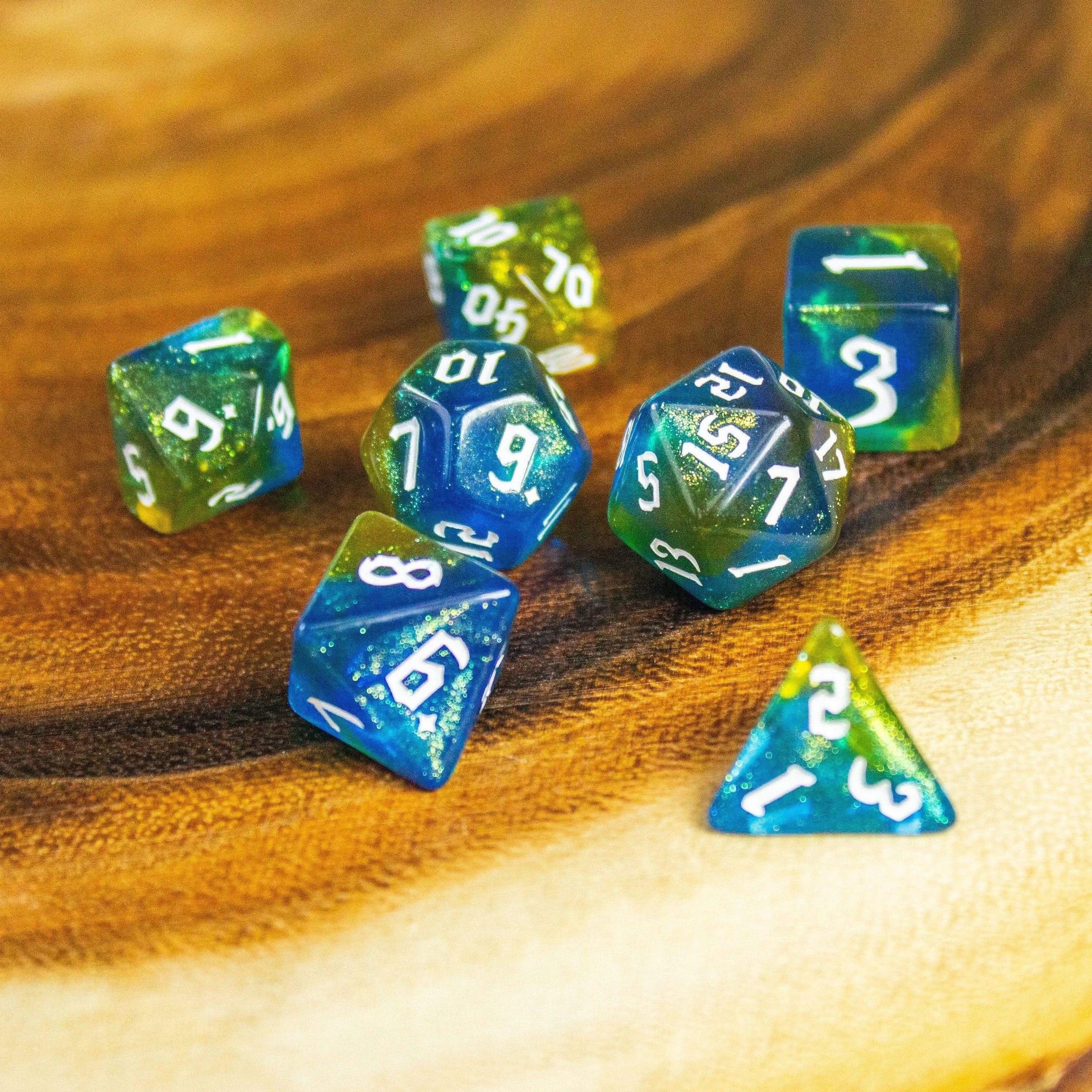 Blue and Yellow Fog TTRPG Dice. Channel the ethereal with these captivating, easy to read premium dice. Give your game a bit of sparkle. - MysteryDiceGoblins