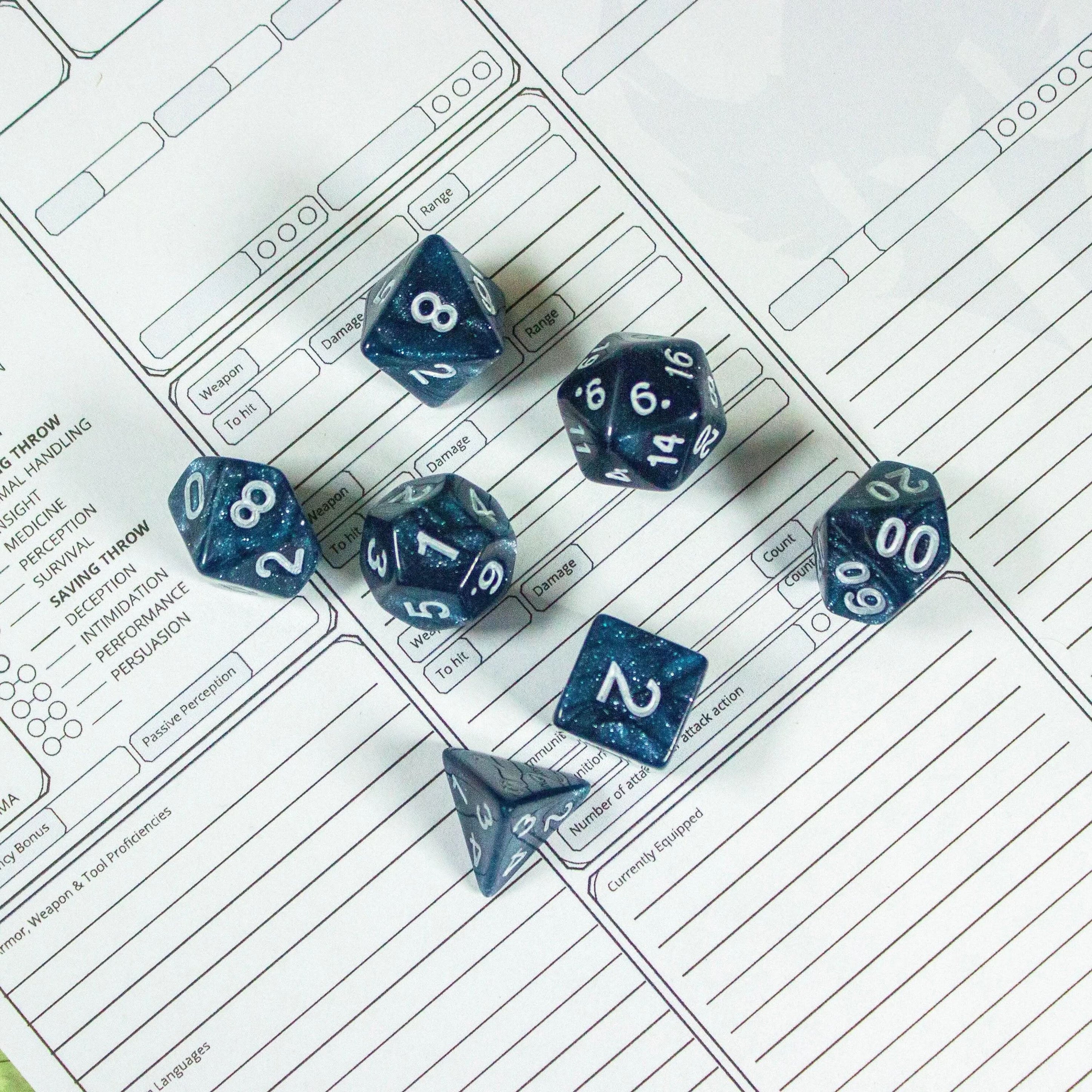 Blue Abyss Shimmer Dice With White Numbers TTRPG Dice, roll with sophistication with these blue polyhedral dice - MysteryDiceGoblins