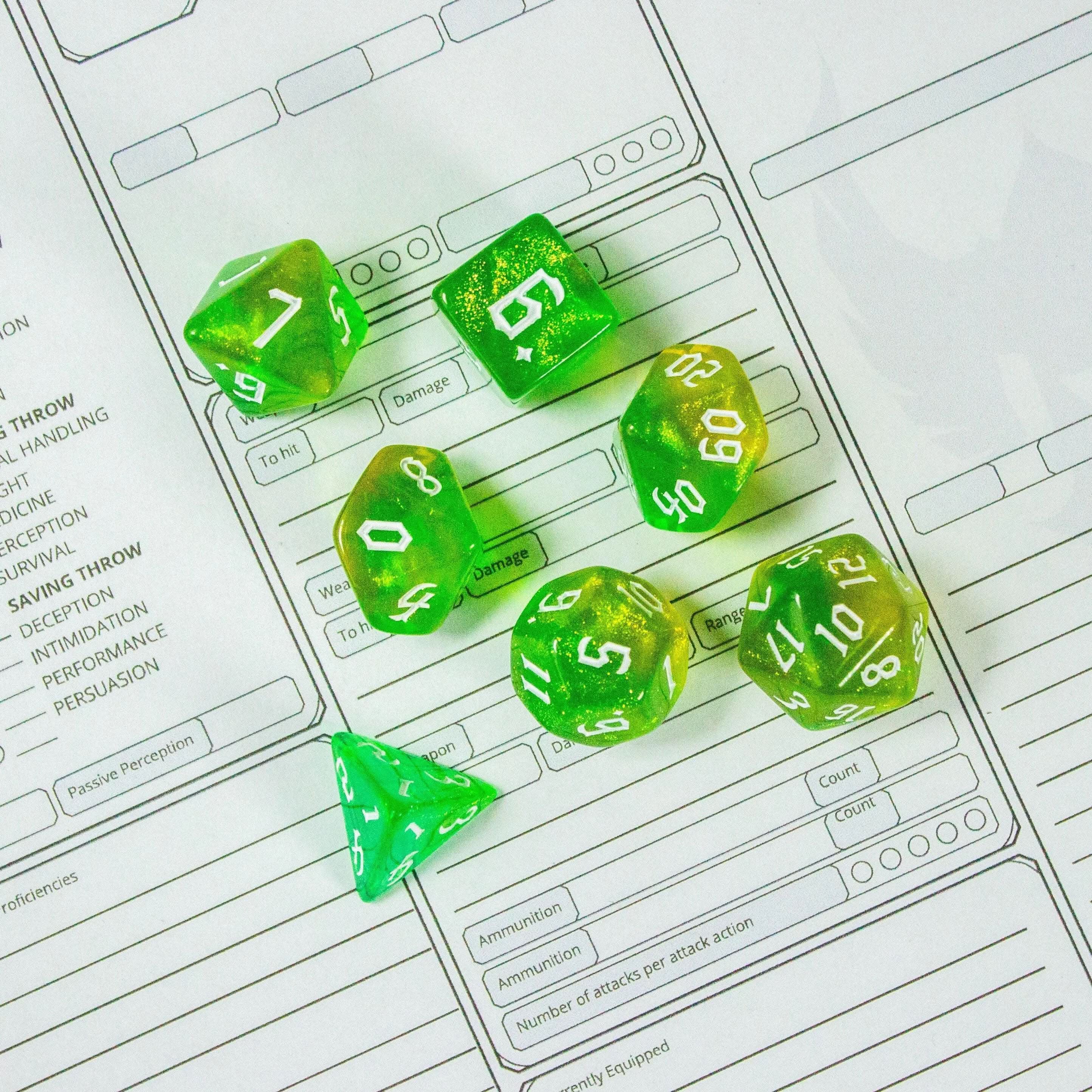 Lime Green Fog TTRPG Dice. Channel the ethereal with these captivating, easy to read premium dice. Give your game a bit of sparkle. - MysteryDiceGoblins