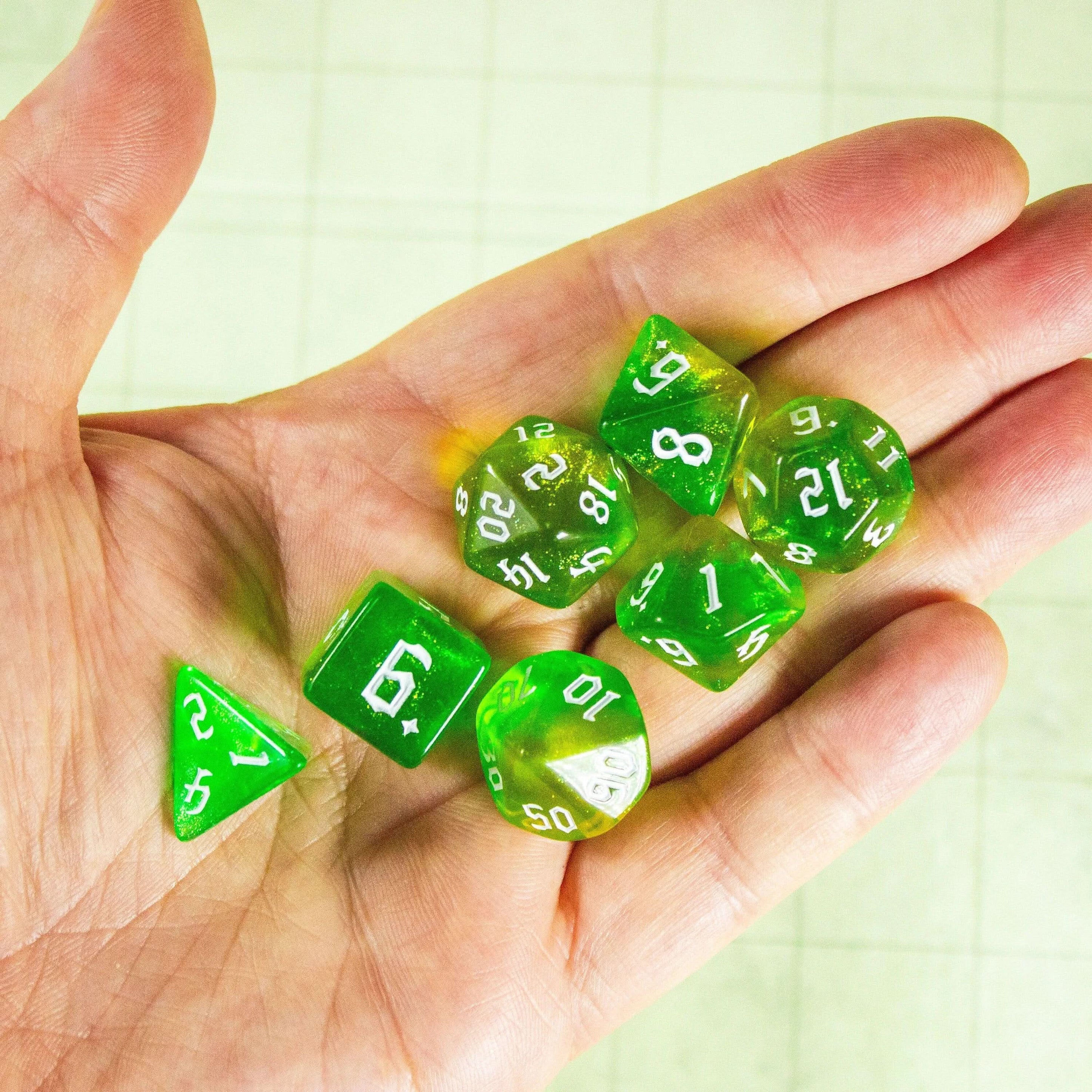 Lime Green Fog TTRPG Dice. Channel the ethereal with these captivating, easy to read premium dice. Give your game a bit of sparkle. - MysteryDiceGoblins
