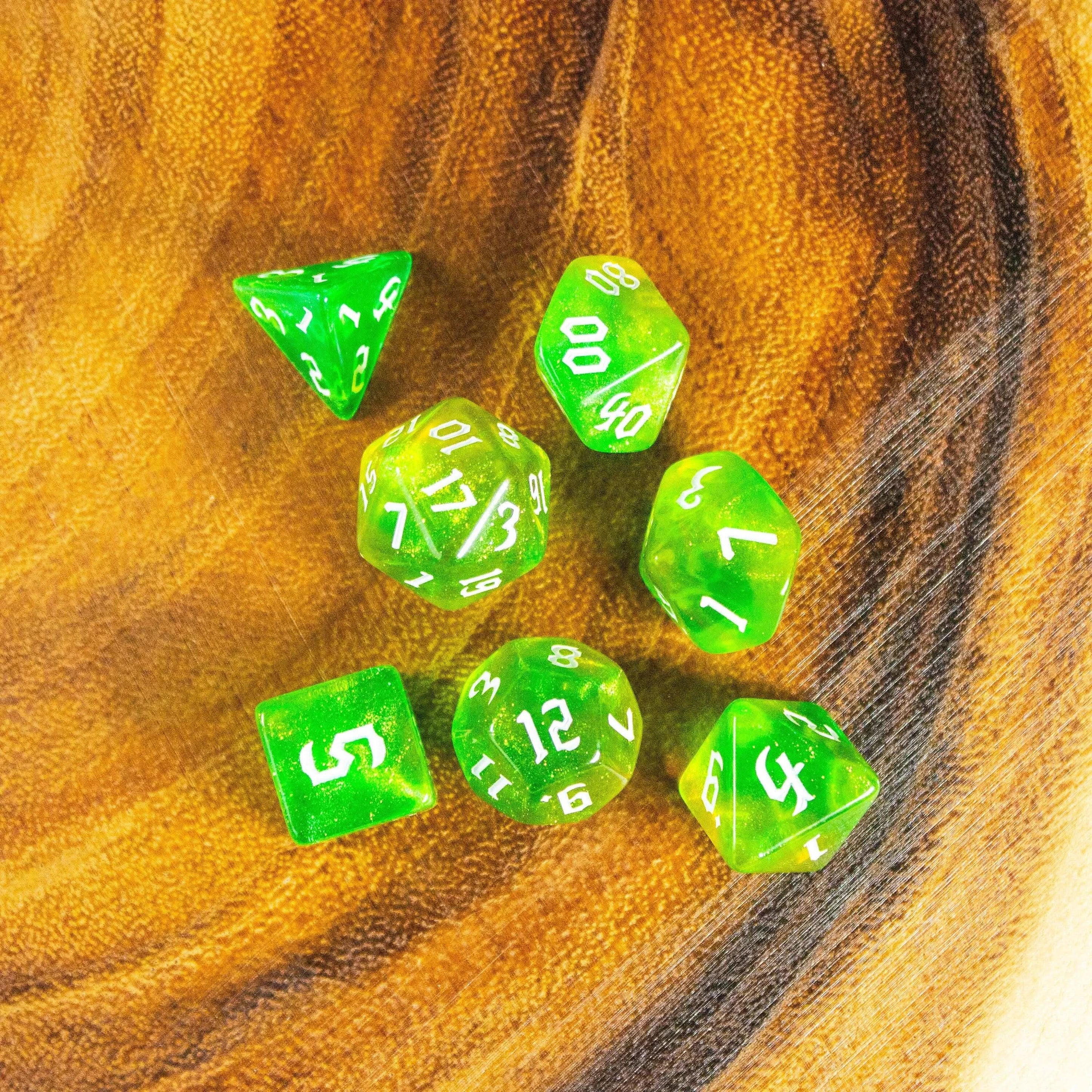 Lime Green Fog TTRPG Dice. Channel the ethereal with these captivating, easy to read premium dice. Give your game a bit of sparkle. - MysteryDiceGoblins
