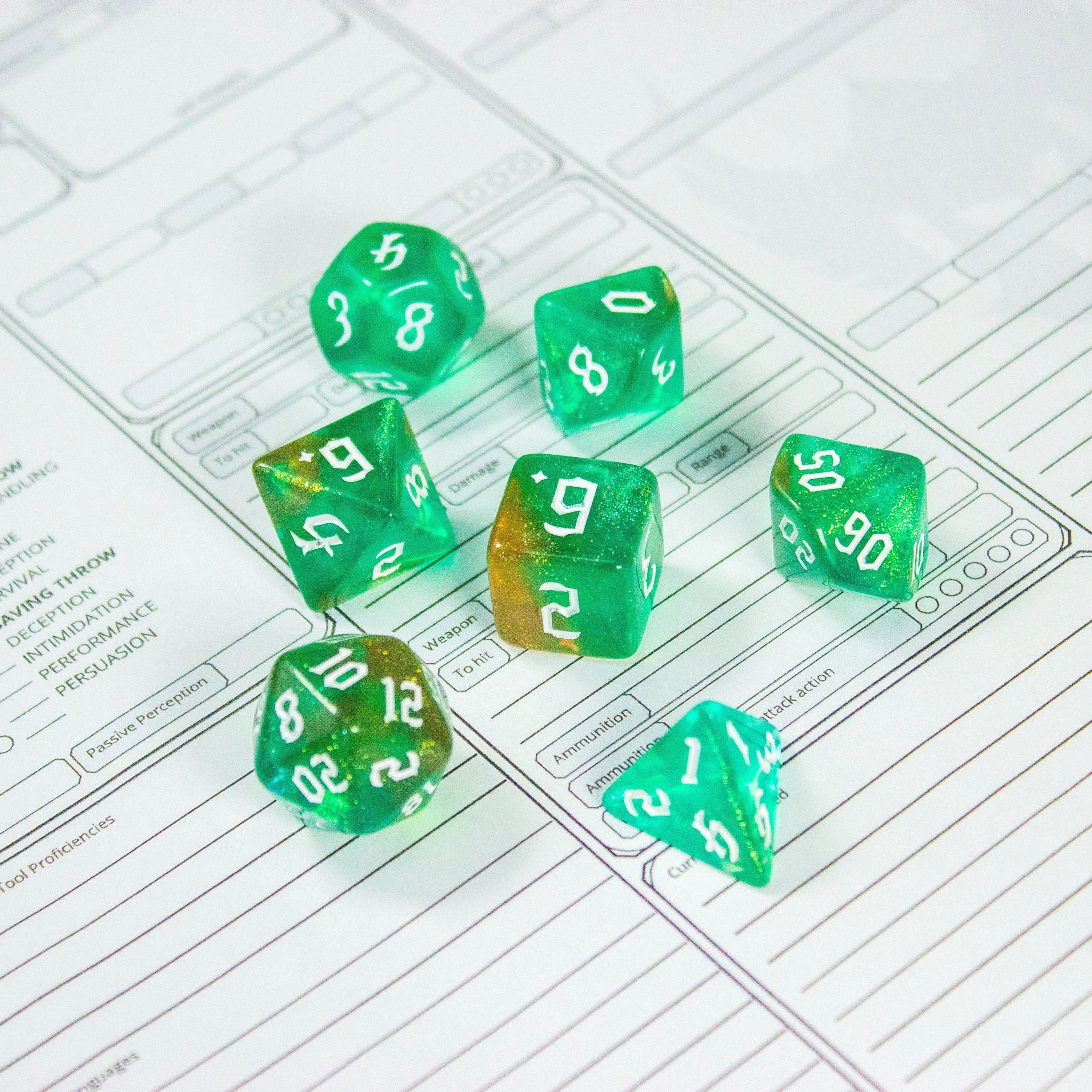 Forest Green Fog TTRPG Dice. Channel the ethereal with these captivating premium dice. Give your game a bit of sparkle. - MysteryDiceGoblins