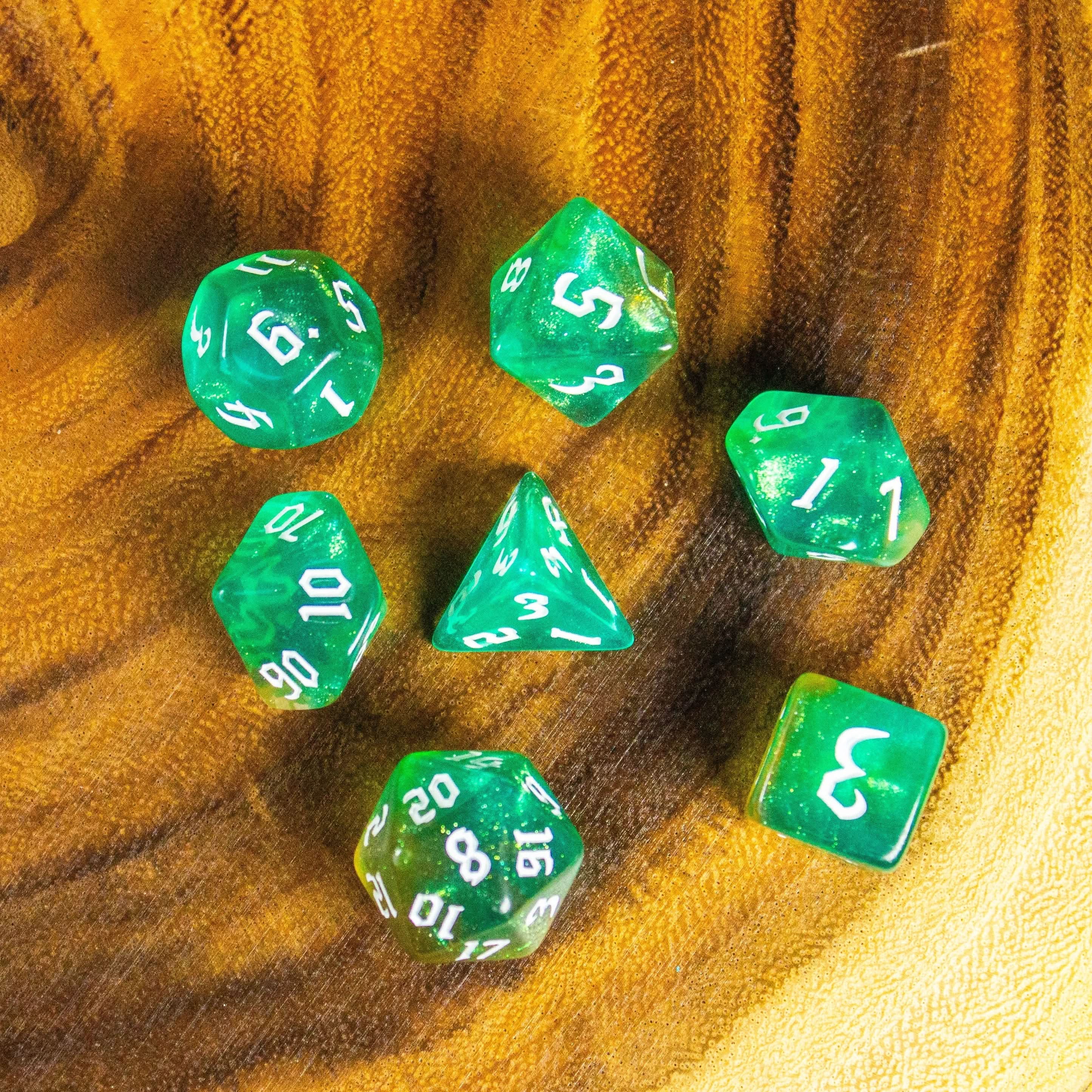 Forest Green Fog TTRPG Dice. Channel the ethereal with these captivating premium dice. Give your game a bit of sparkle. - MysteryDiceGoblins