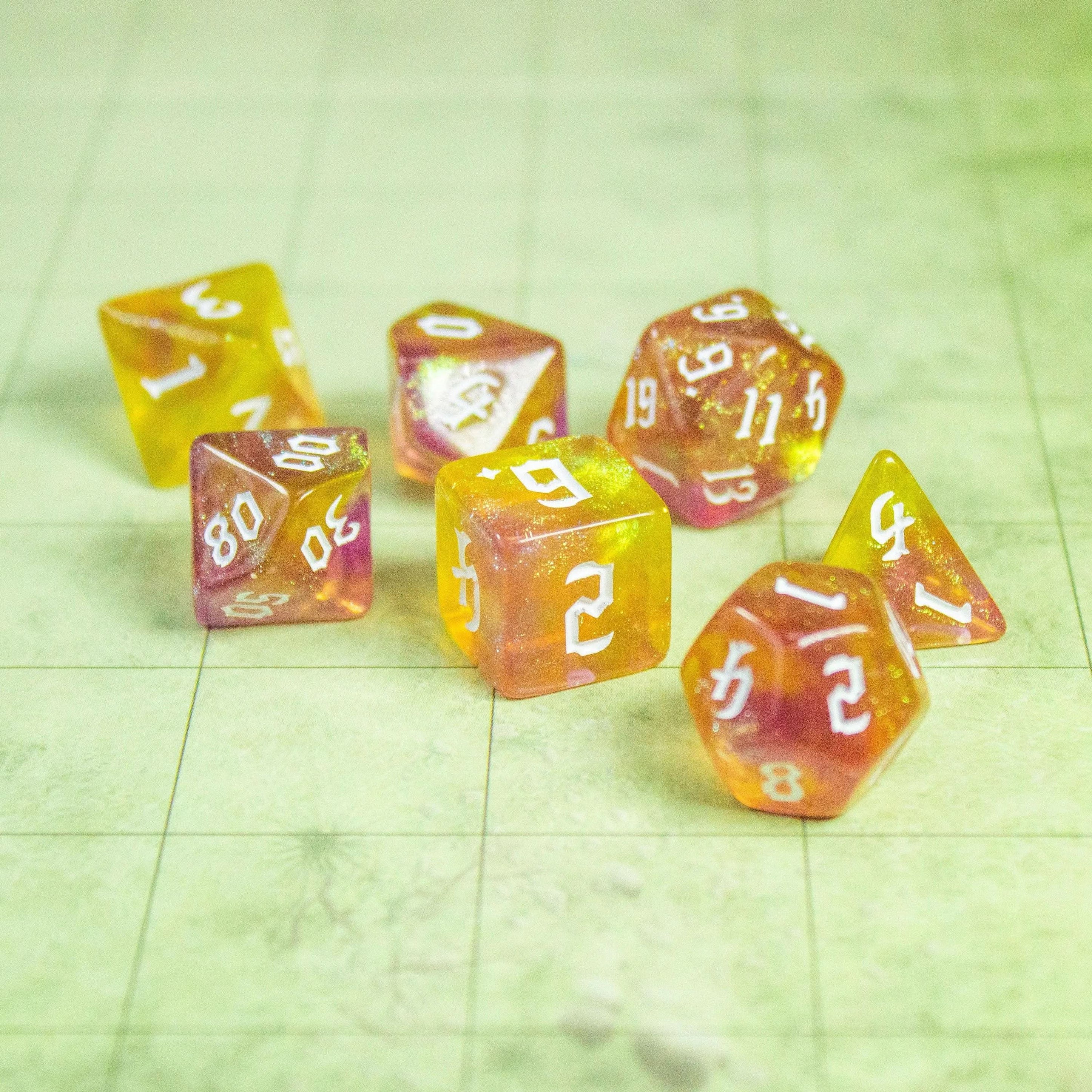 Yellow Fog TTRPG Dice. Channel the ethereal with these captivating, easy to read premium dice. Give your game a bit of sparkle. - MysteryDiceGoblins