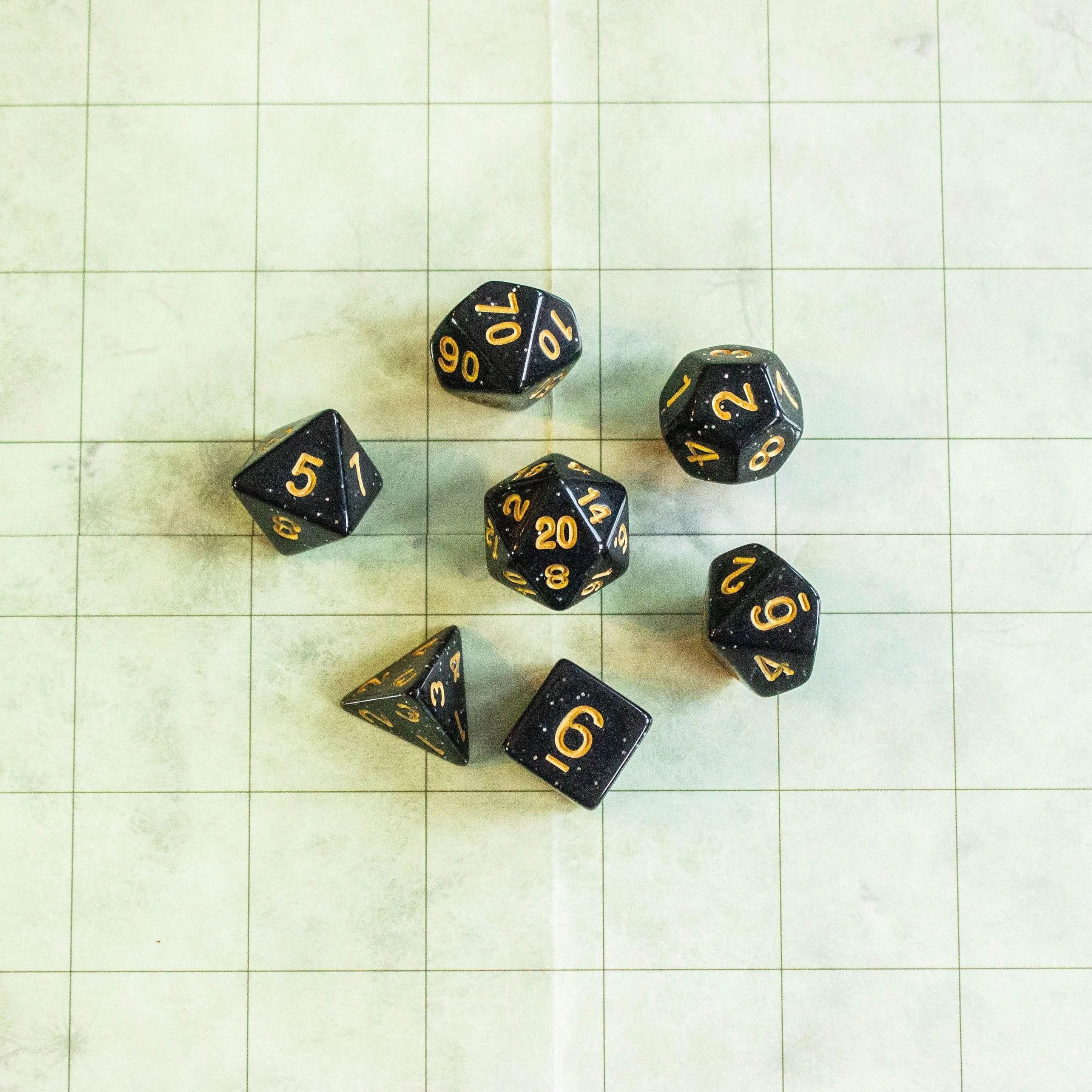 Black Shimmer Dice With Gold Nunbers TTRPG Dice, roll with sophistication with these black polyhedral dice - MysteryDiceGoblins
