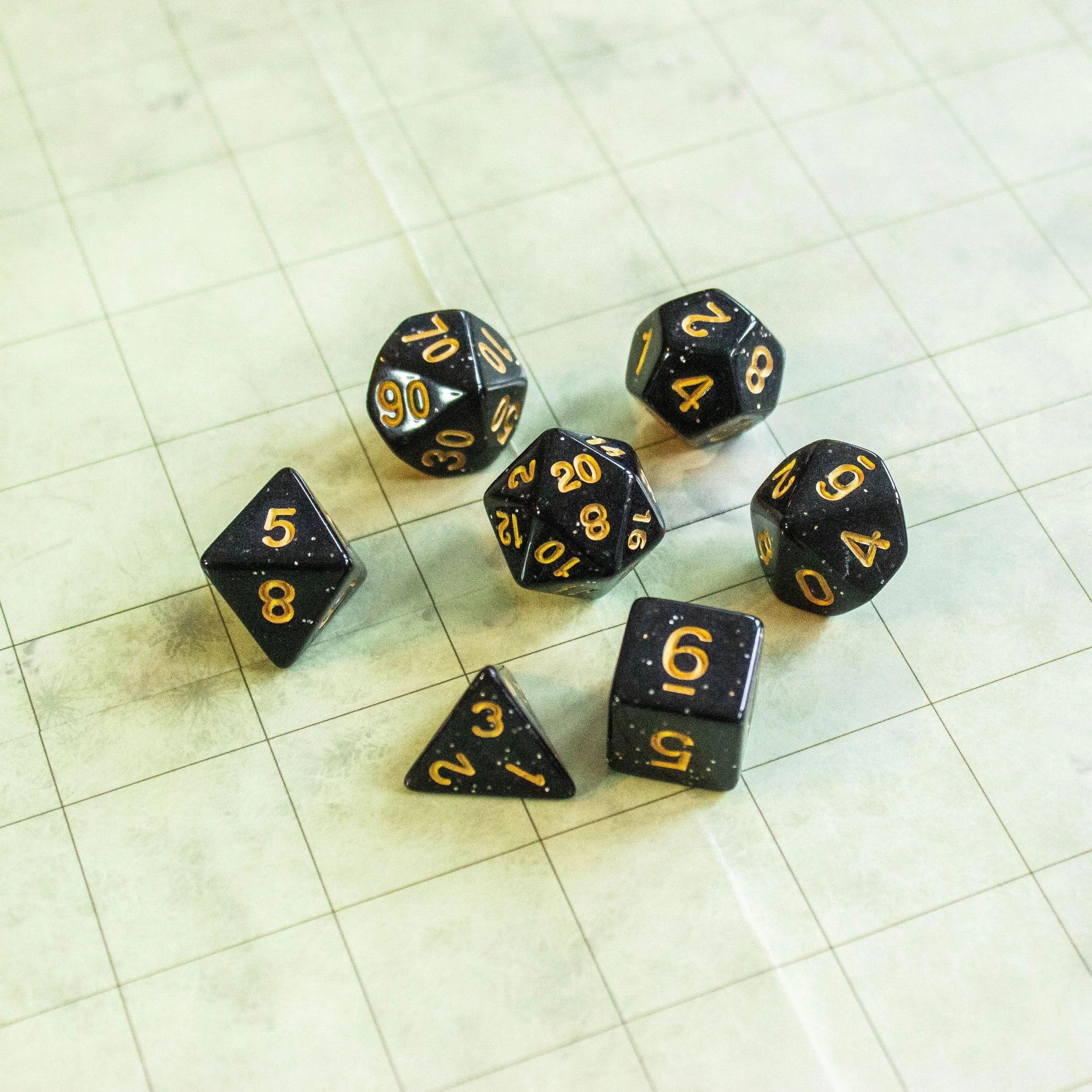 Black Shimmer Dice With Gold Nunbers TTRPG Dice, roll with sophistication with these black polyhedral dice - MysteryDiceGoblins