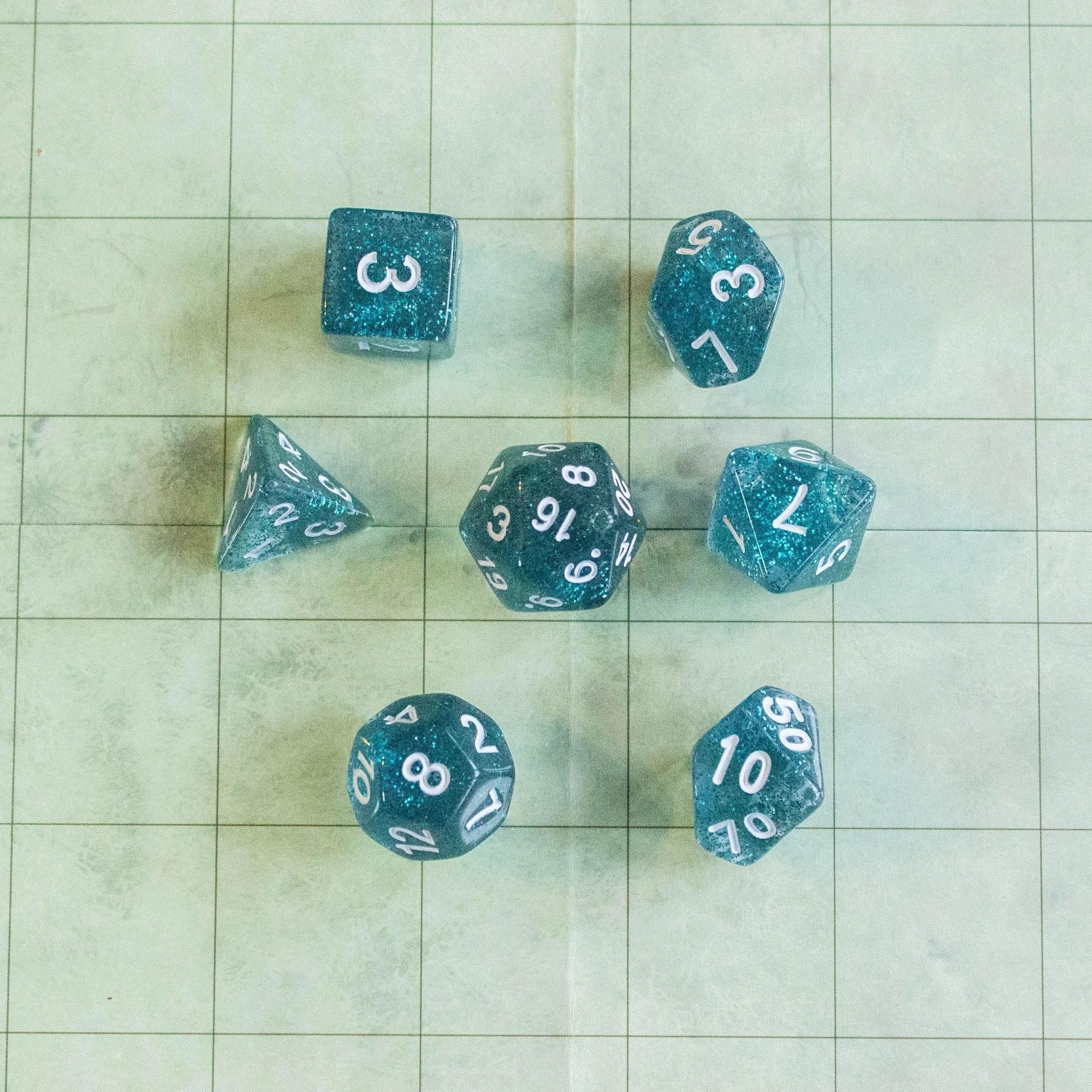 Blue Shimmer Dice With Gold Numbers TTRPG Dice, roll with sophistication with these Blue polyhedral dice - MysteryDiceGoblins