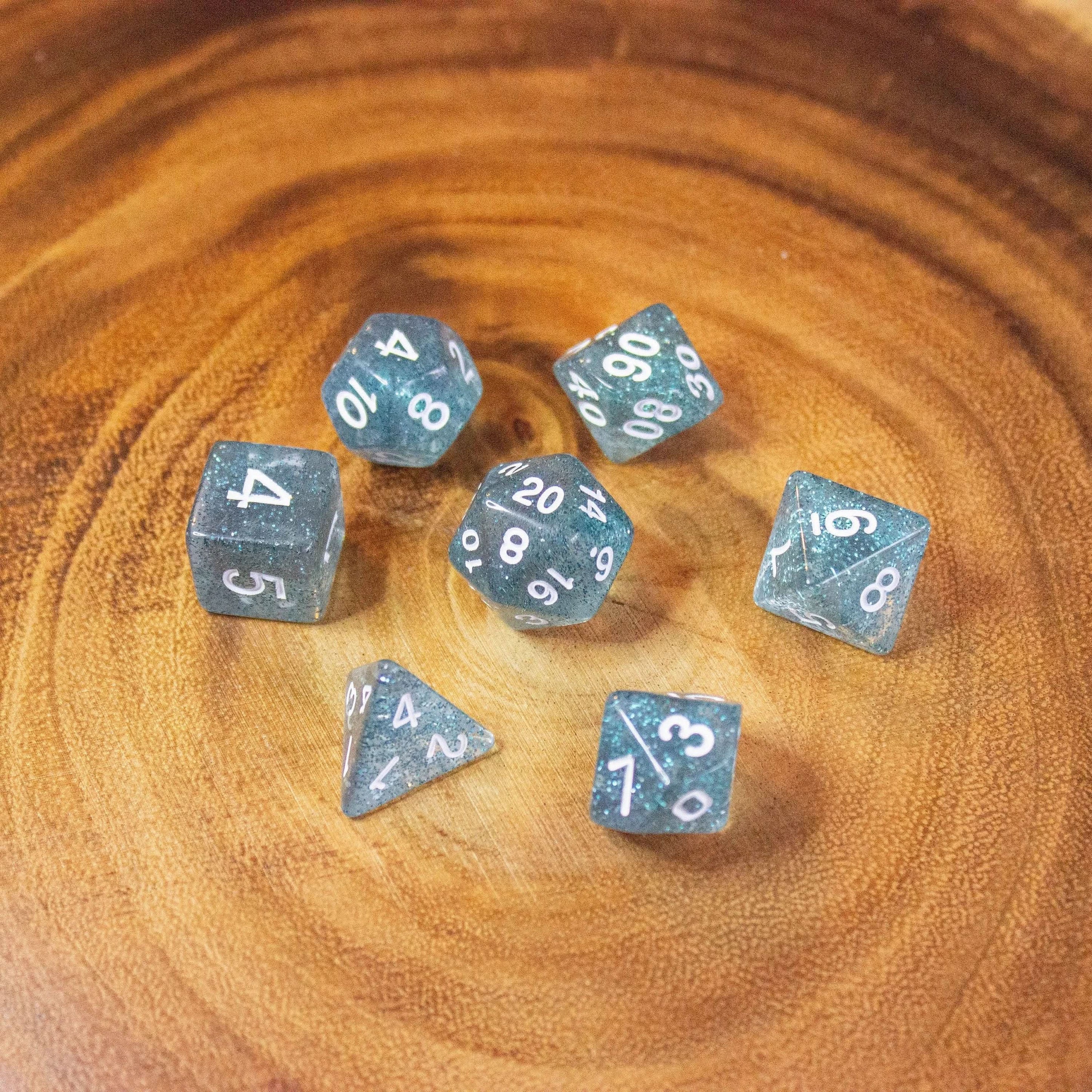 Blue Shimmer Dice With Gold Numbers TTRPG Dice, roll with sophistication with these Blue polyhedral dice - MysteryDiceGoblins