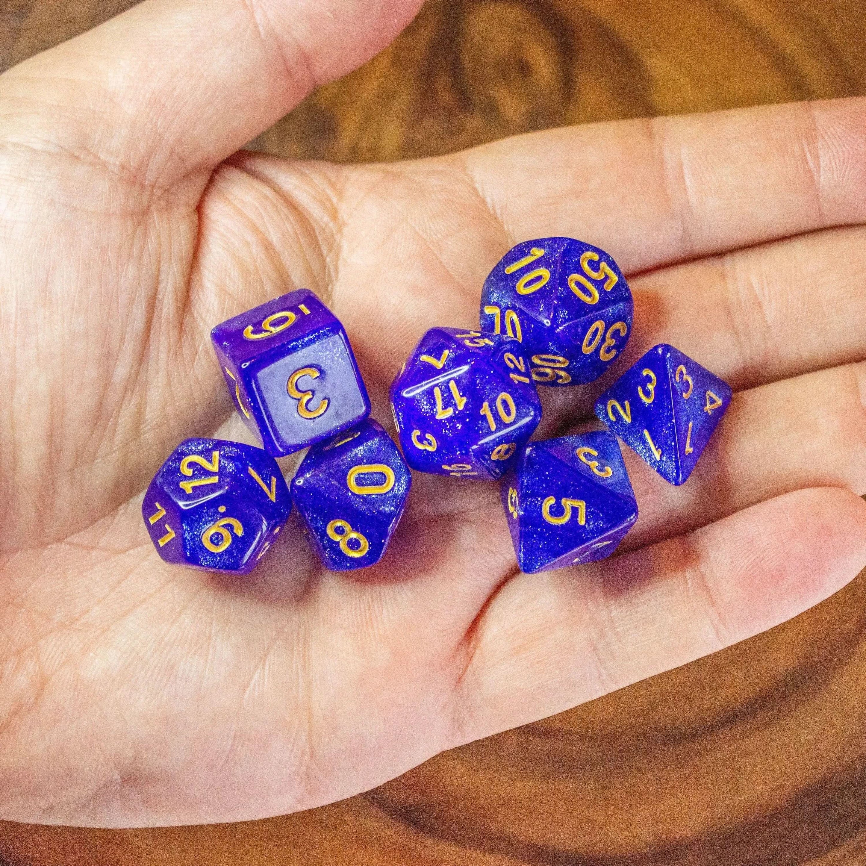 Deep Blue Shimmer Dice With Gold Nunbers TTRPG Dice, roll with sophistication with these blue polyhedral dice - MysteryDiceGoblins