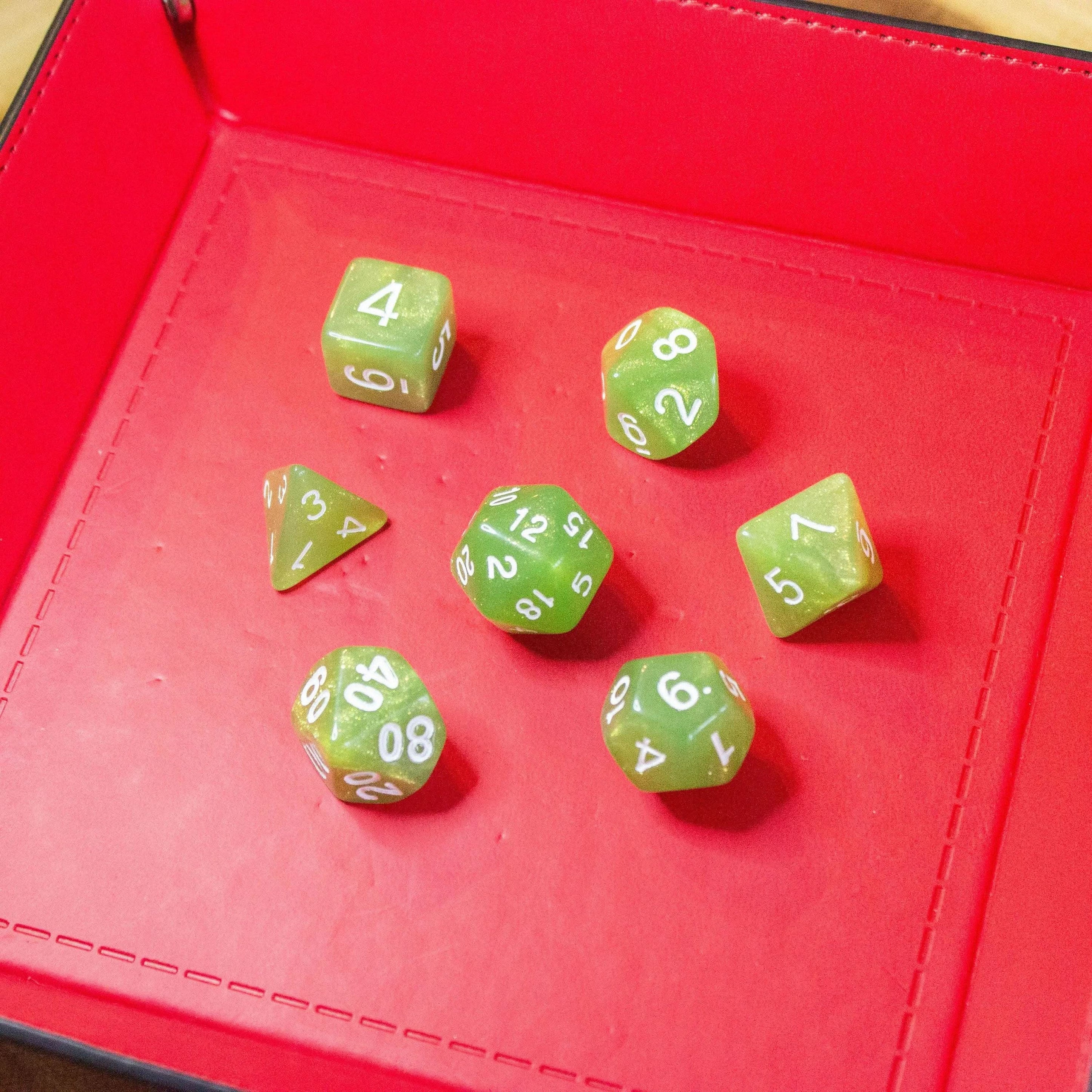 Green Shimmer Dice With White Numbers TTRPG Dice, roll with sophistication with these green polyhedral dice - MysteryDiceGoblins