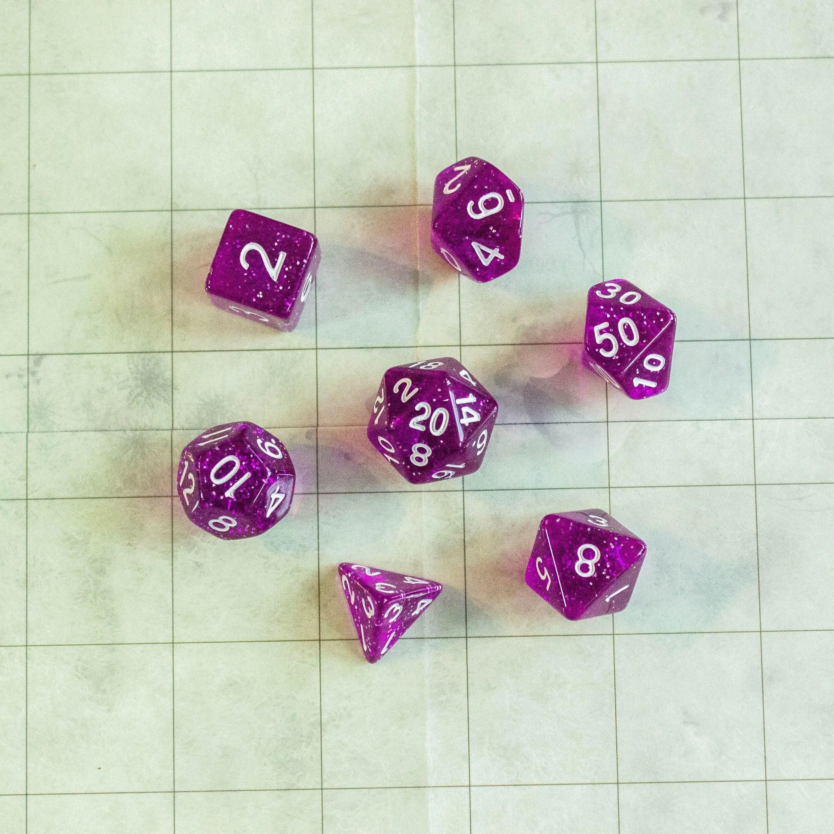 Deep Purple Shimmer Dice With White Numbers TTRPG Dice, roll with sophistication with these purple polyhedral dice - MysteryDiceGoblins